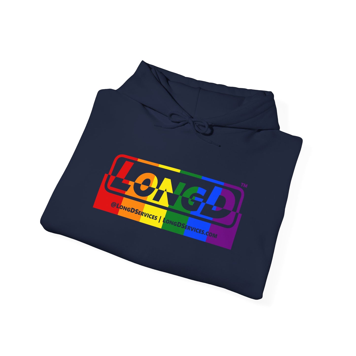 LongD® Logo Hoodie with Pride rainbow positive top negative bottom text