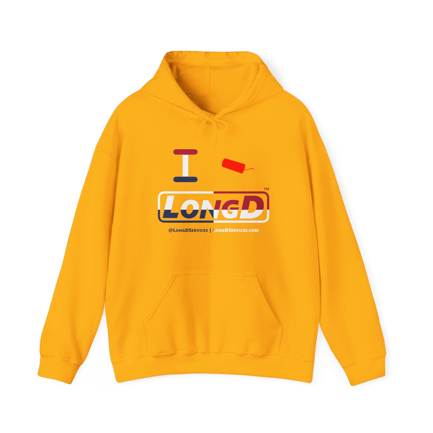 I Firecracker LongD® Logo Hoodie red, white and blue positive quarters