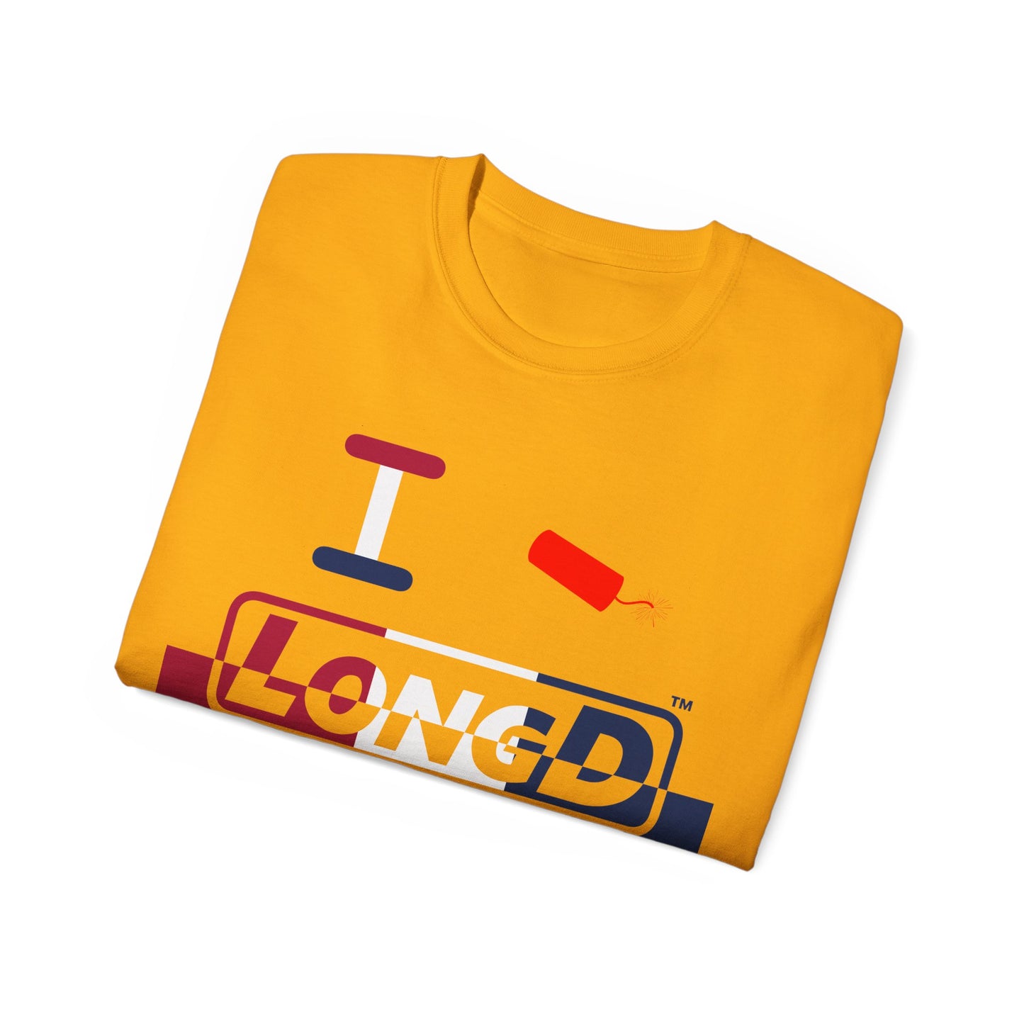 I Firecracker LongD® Logo Cotton Tee Red, White and Blue positive top negative bottom split thirds text
