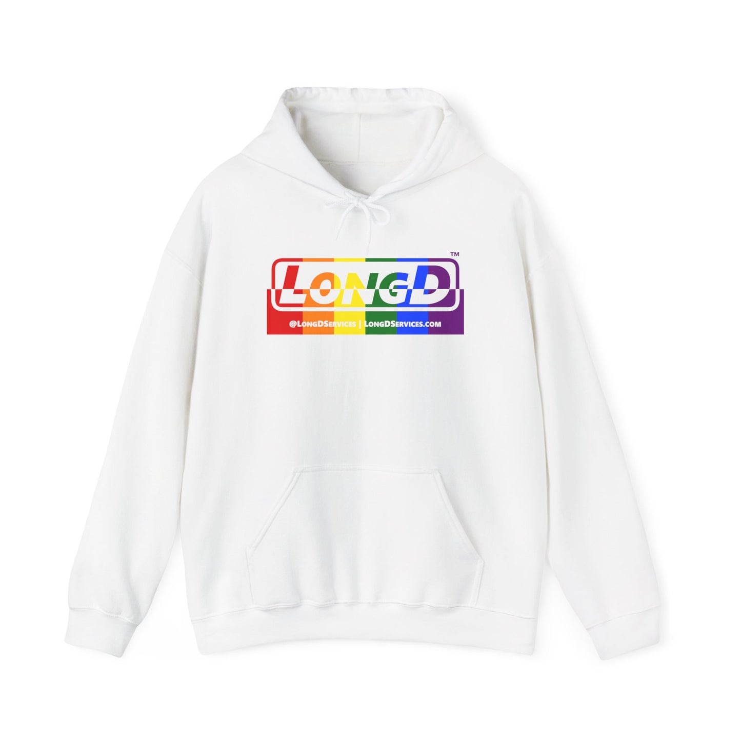 LongD® Logo Hoodie with Pride rainbow positive top negative bottom text