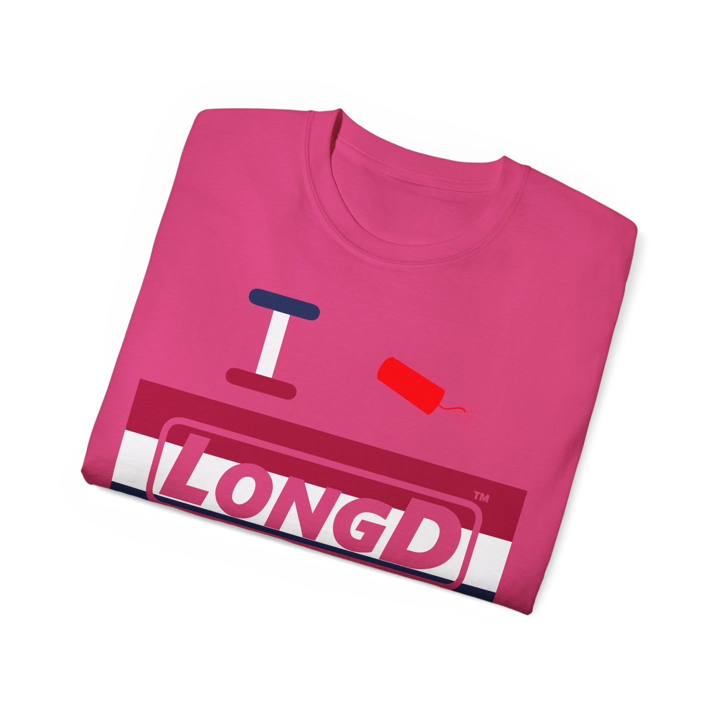 I Firecracker LongD® Logo Cotton Tee Red, White and Blue striped thirds text