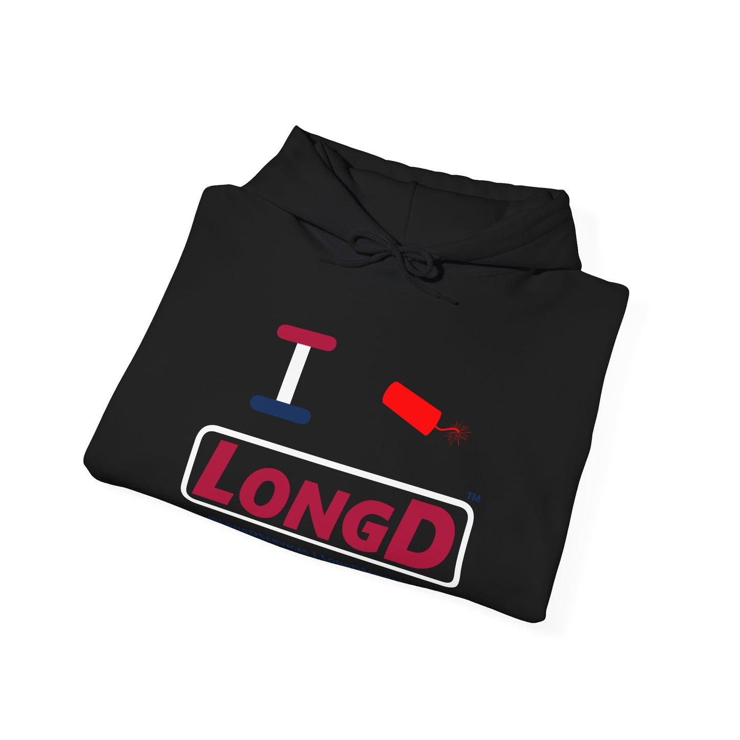I Firecracker LongD® Logo Hoodie red, white and blue positive elements
