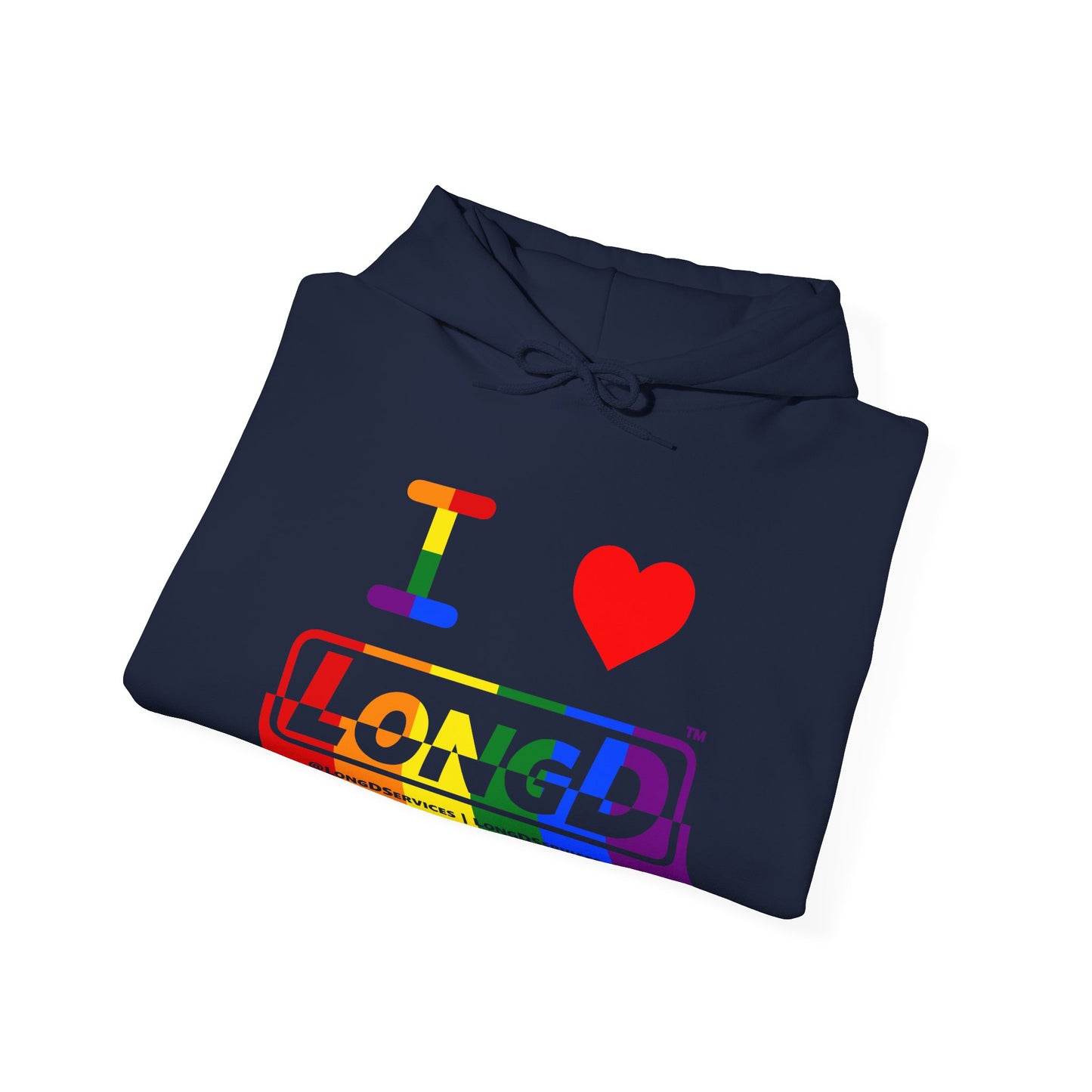 I Luv LongD® Logo Hoodie with Pride rainbow positive top negative bottom text