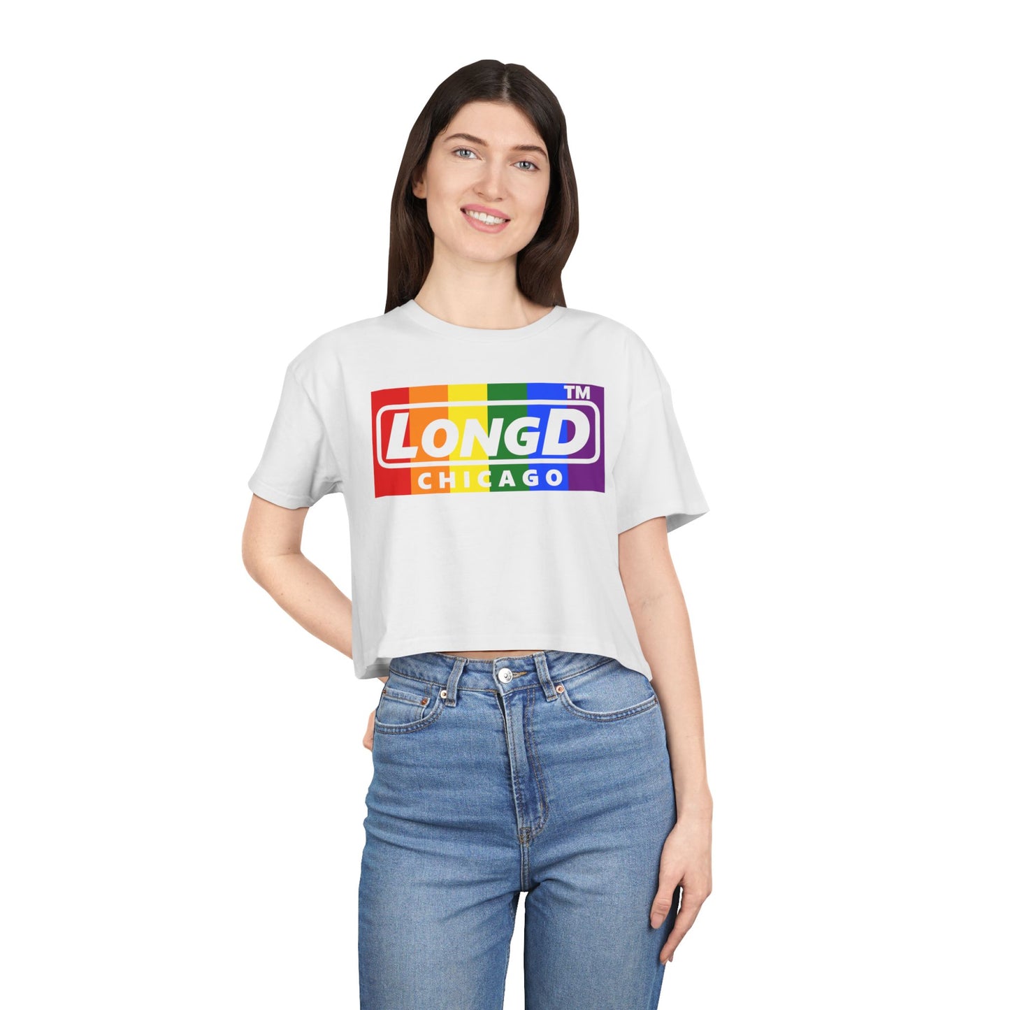 LongD negative vertical 6-striped Chicago logo crop tee (Pride colors)