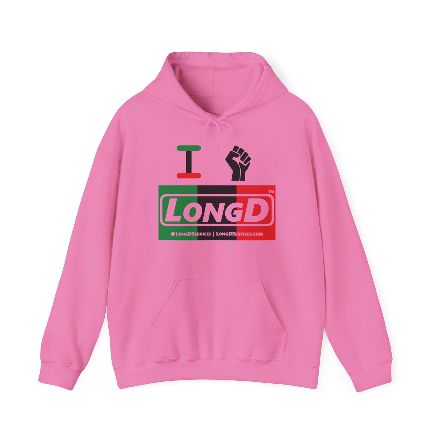 I Fist LongD® Logo Hoodie with Juneteenth black fist negative thirds text