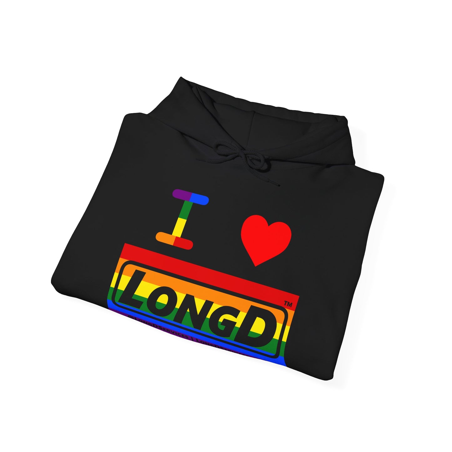 I Luv LongD® Logo Hoodie with Pride rainbow striped negative text