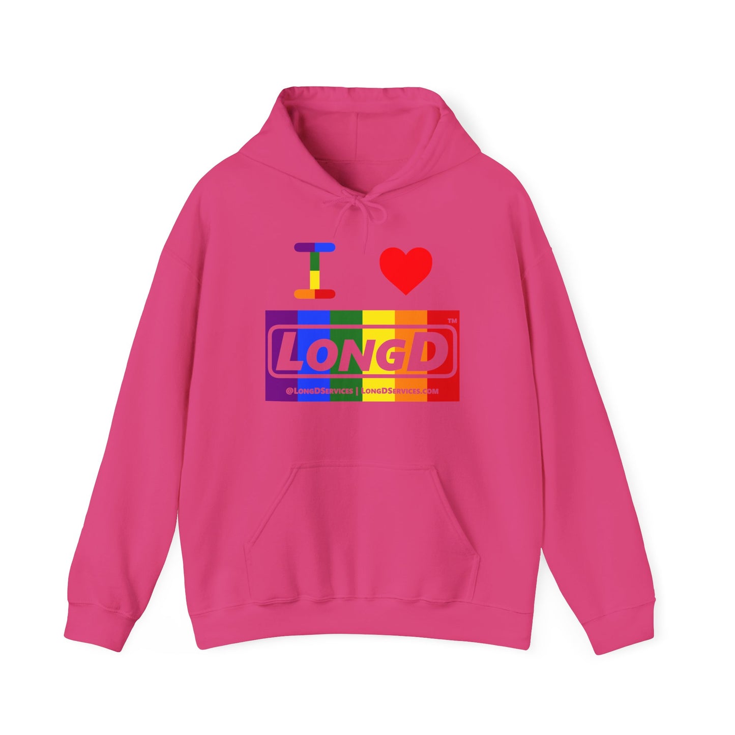 I Luv LongD® Logo Hoodie with Pride rainbow negative text
