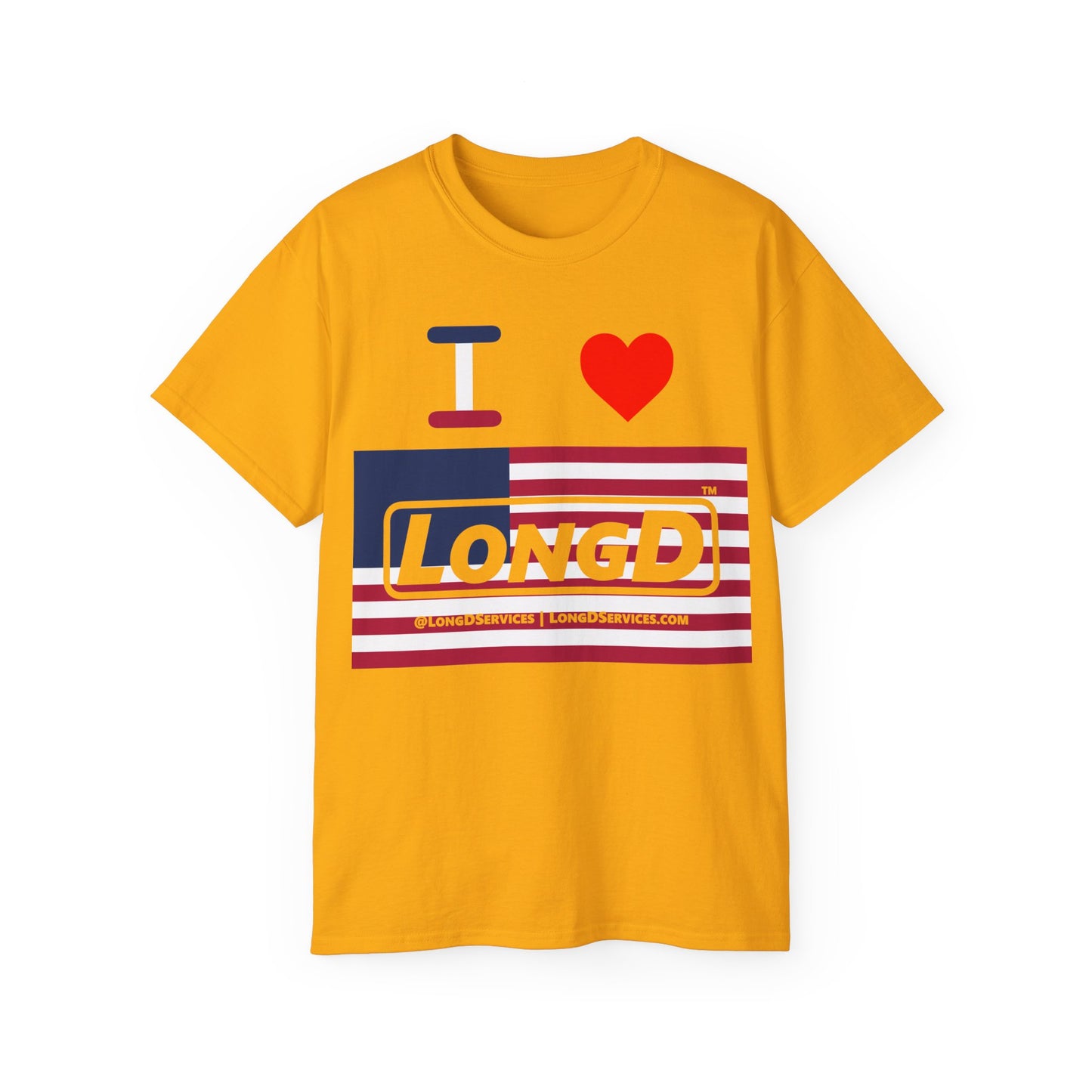 I Luv LongD® Logo Cotton Tee Red, White and Blue negative flag text