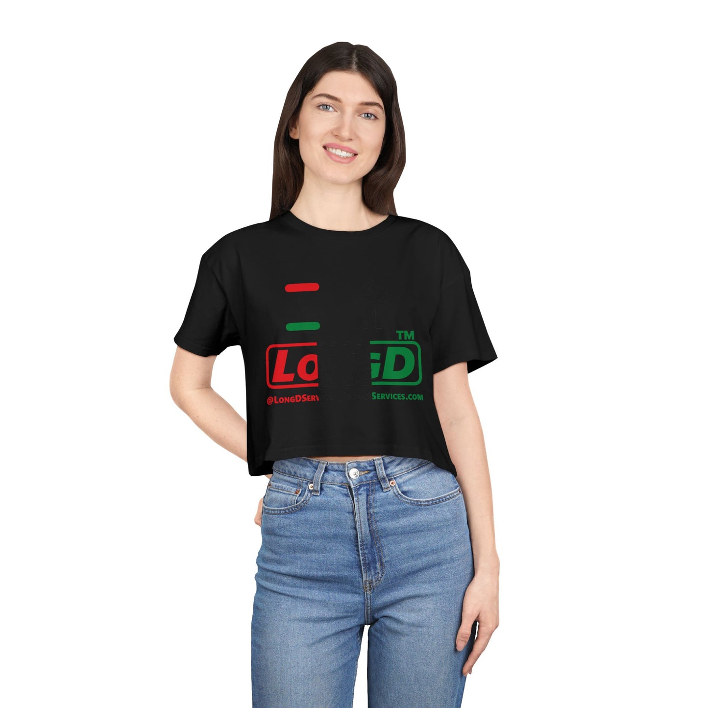 I fist LongD positive vertical 3-striped tag-domain logo crop tee