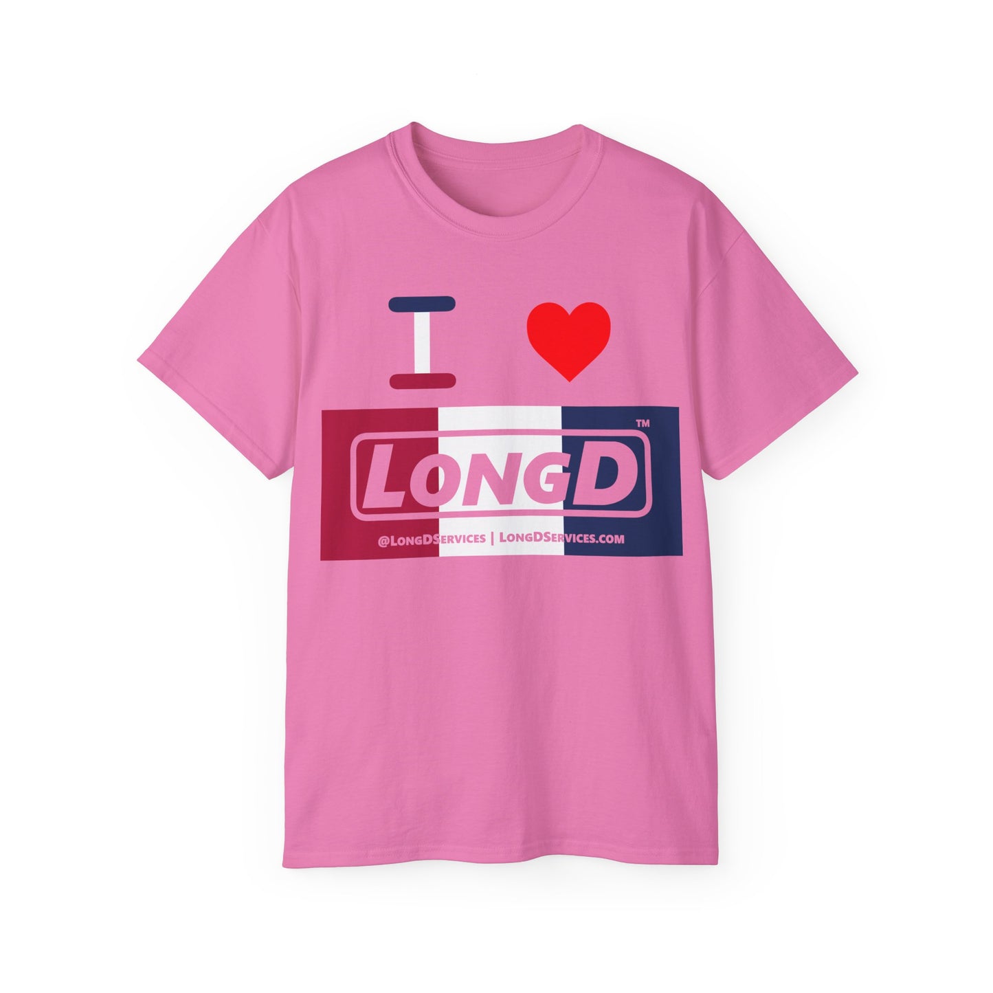 I Luv LongD® Logo Cotton Tee Red, White and Blue negative thirds text