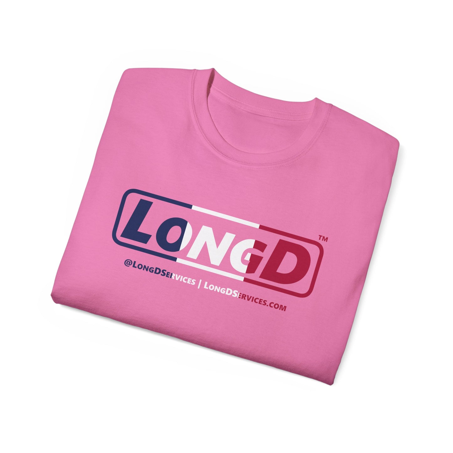 LongD® Logo Cotton Tee Blue, White and Red positive thirds text