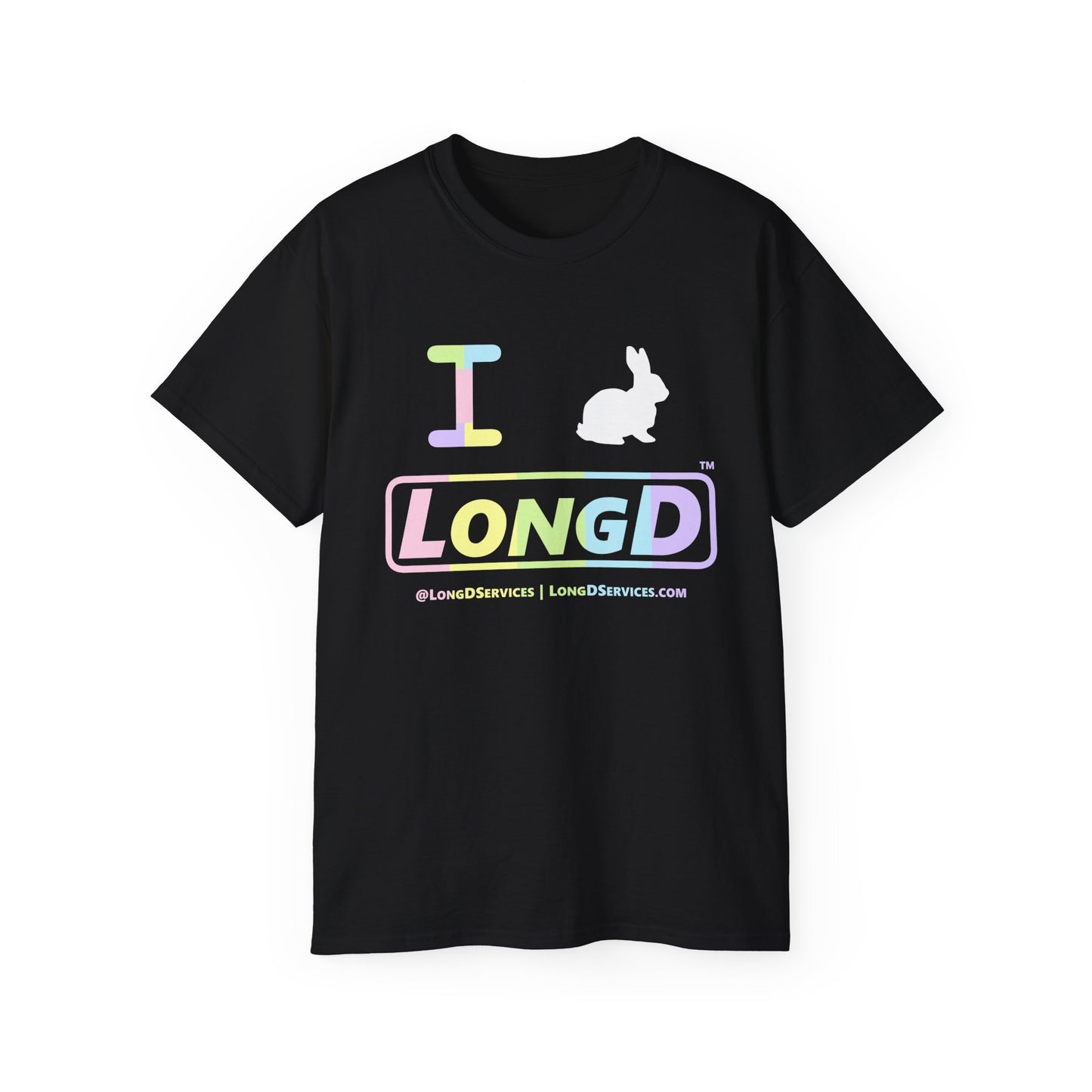 I Bunny LongD® Logo Cotton Tee Easter pastel spectrum text (white Easter Bunny)