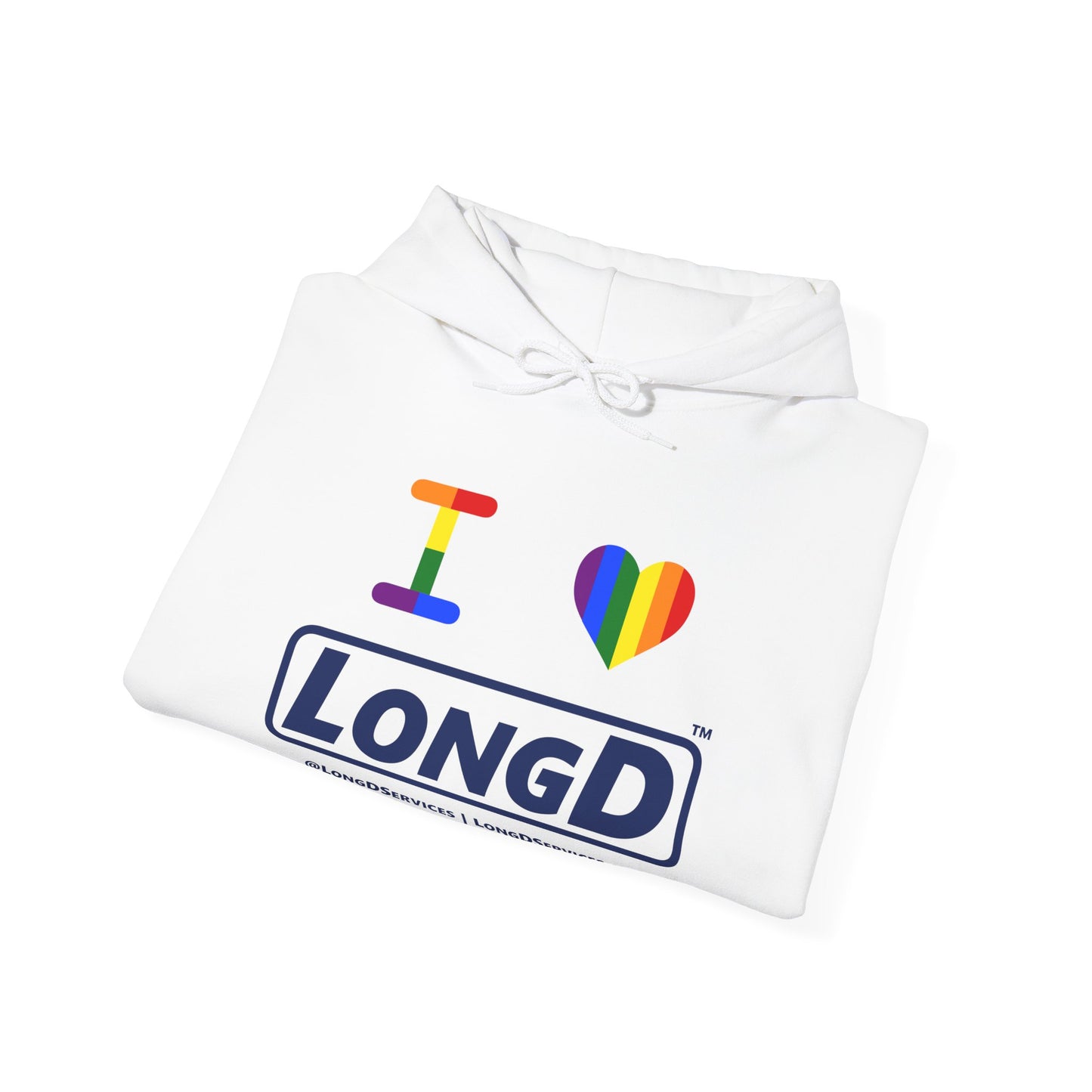 I Luv LongD® Official Logo Hoodie with Pride rainbow heart and positive text