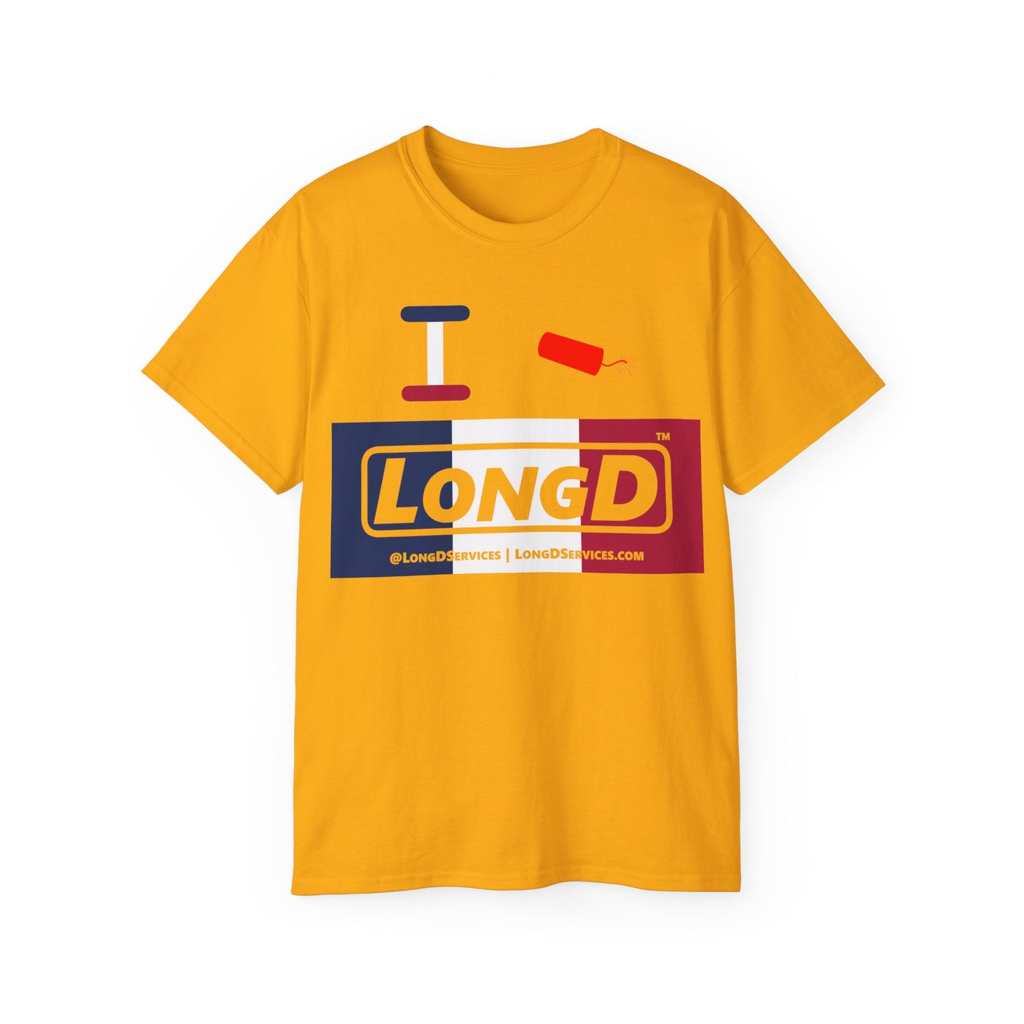 I Firecracker LongD® Logo Cotton Tee Blue, White and Red negative thirds text