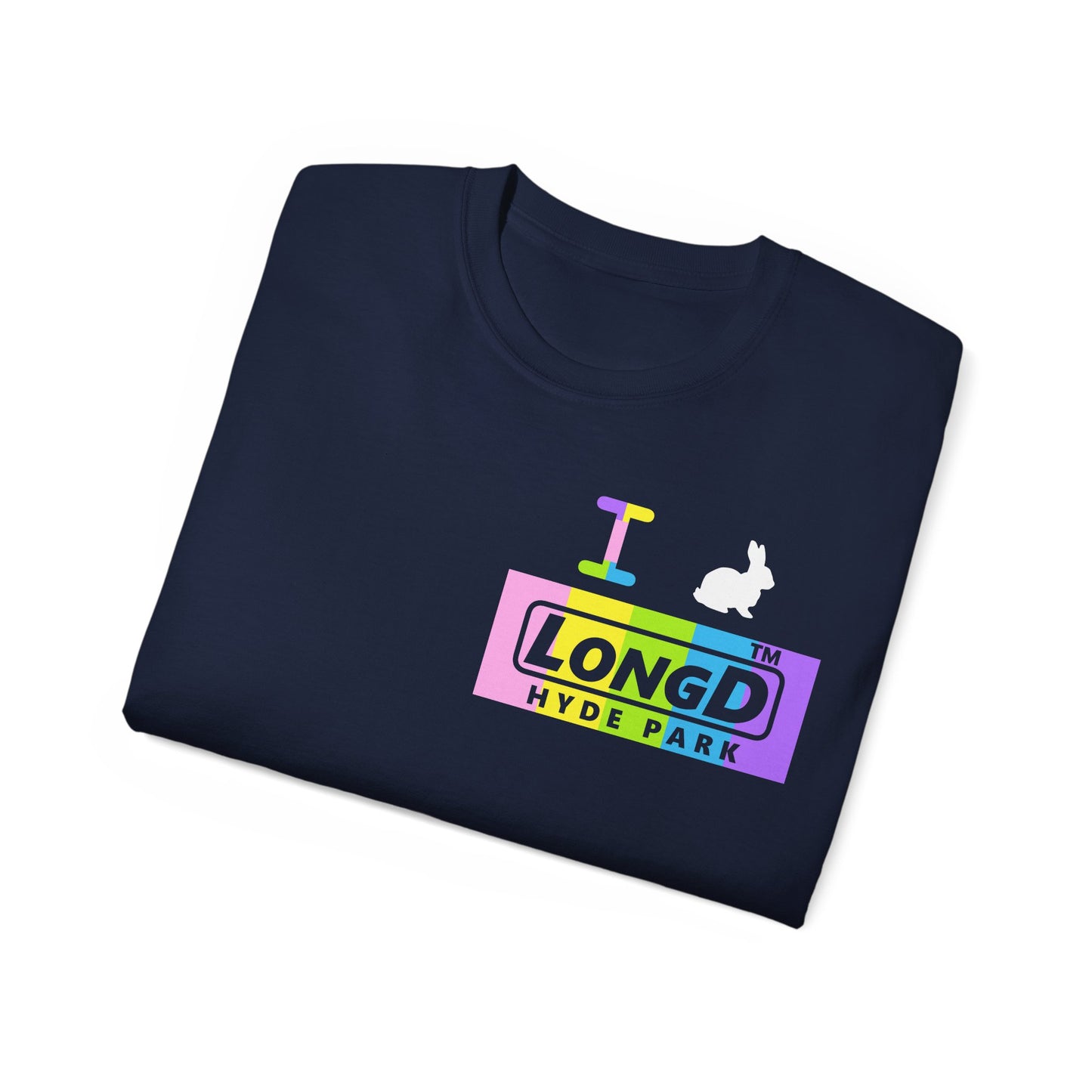 I Bunny LongD® negative vertical striped front-back Hyde Park Logo Cotton Tee