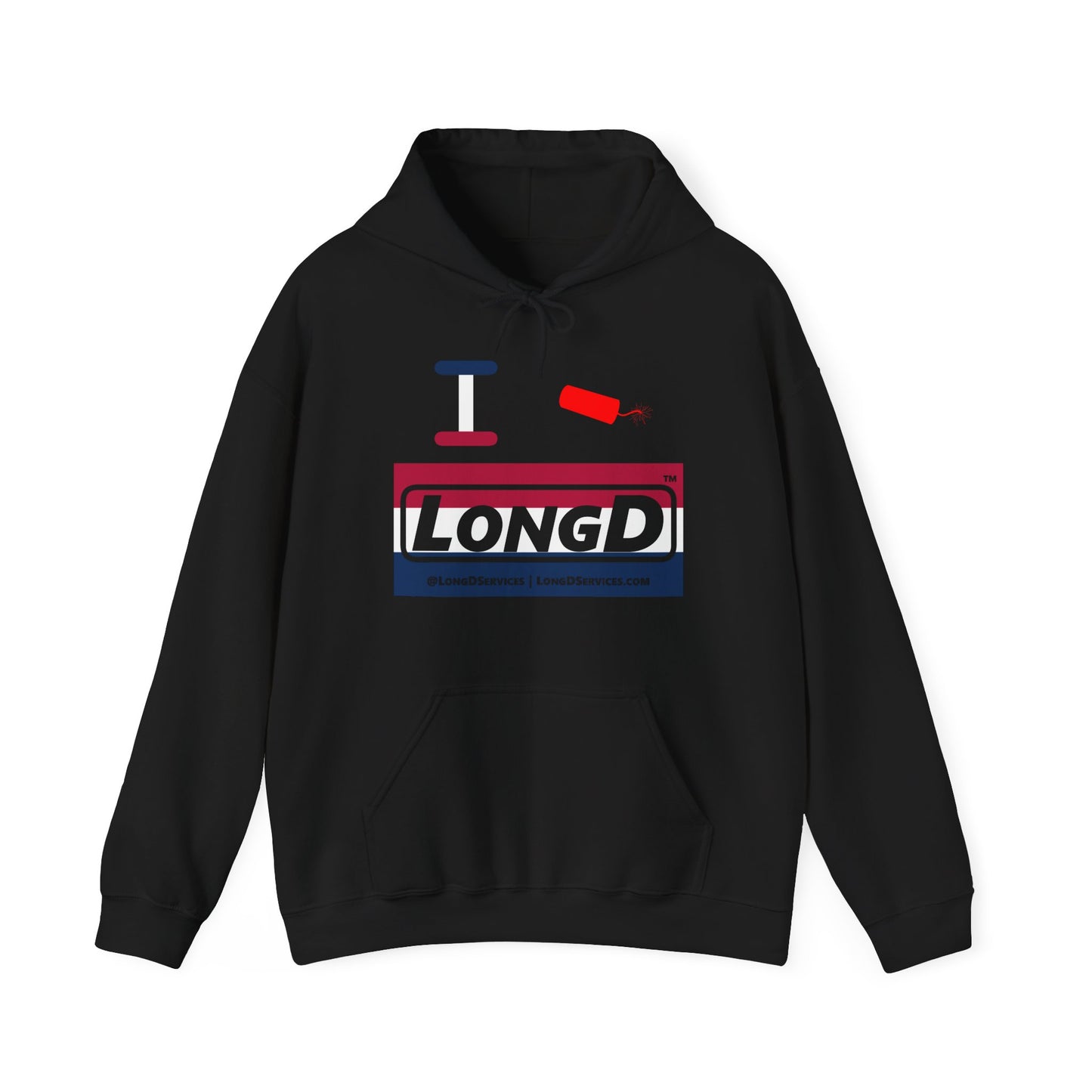 I Firecracker LongD® Logo Hoodie red, white and blue striped negative thirds