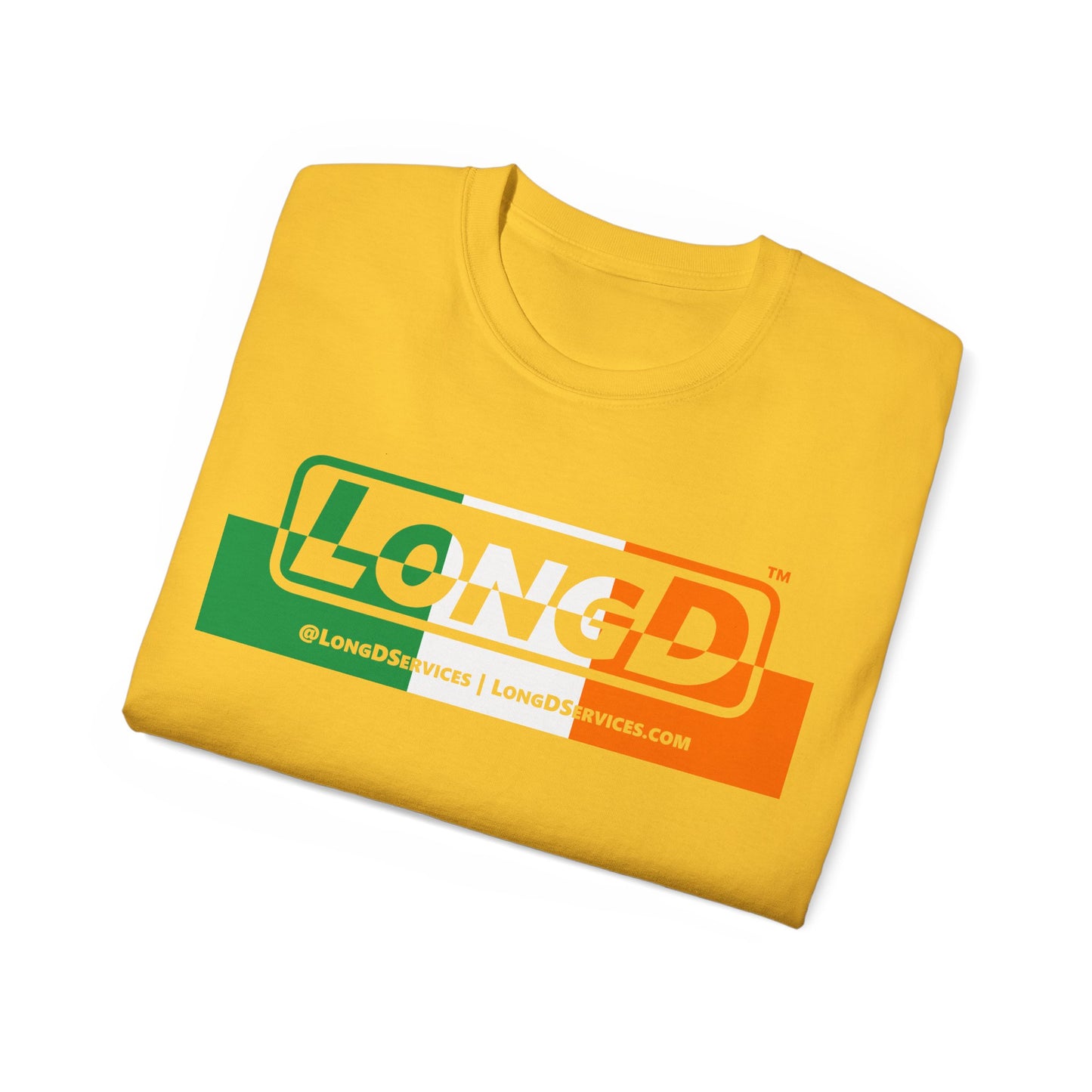 LongD® Logo Cotton Tee (St. Patrick's Day -Irish Green, White and Irish Orange thirds top-bottom positive-negative split)