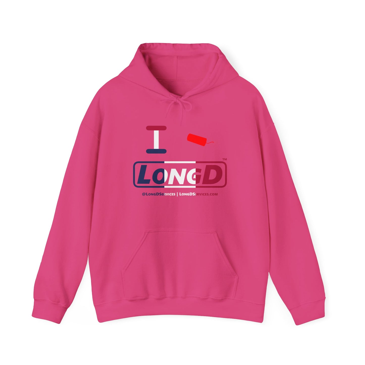 I Firecracker LongD® Logo Hoodie blue, white and red positive thirds