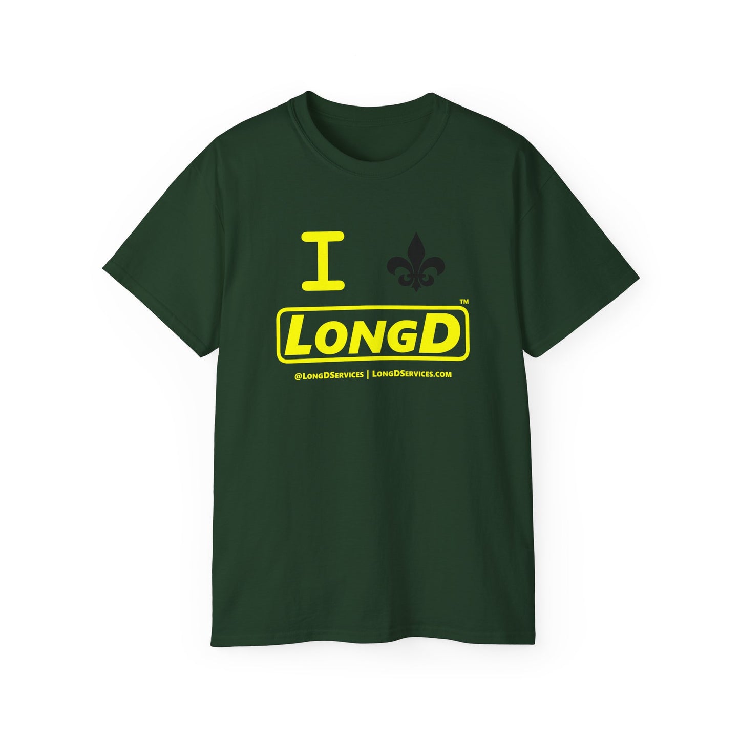 I Fleur LongD® Logo Cotton Tee (yellow text & black fleur de lis)