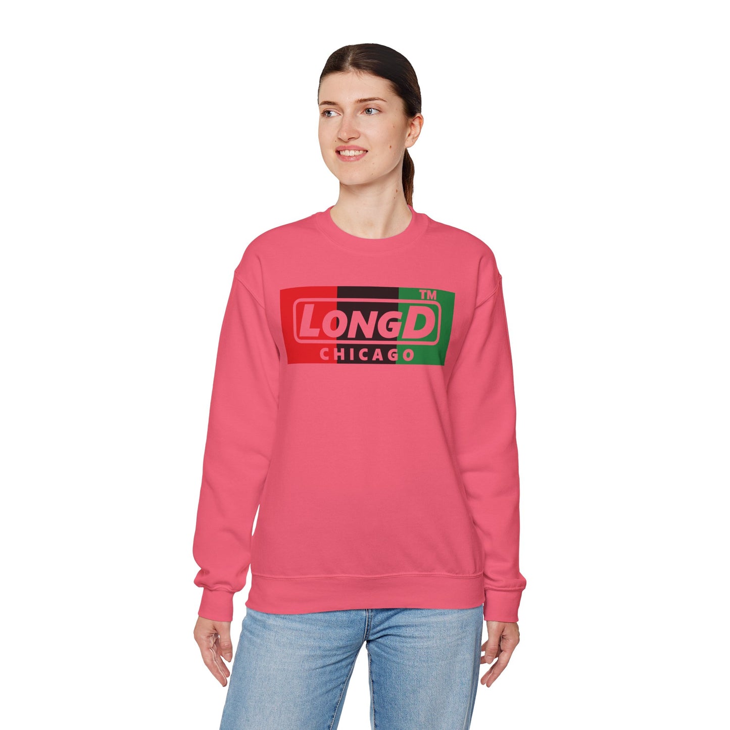 LongD negative vertical 3-striped Chicago logo crewneck sweatshirt (Juneteenth colors)