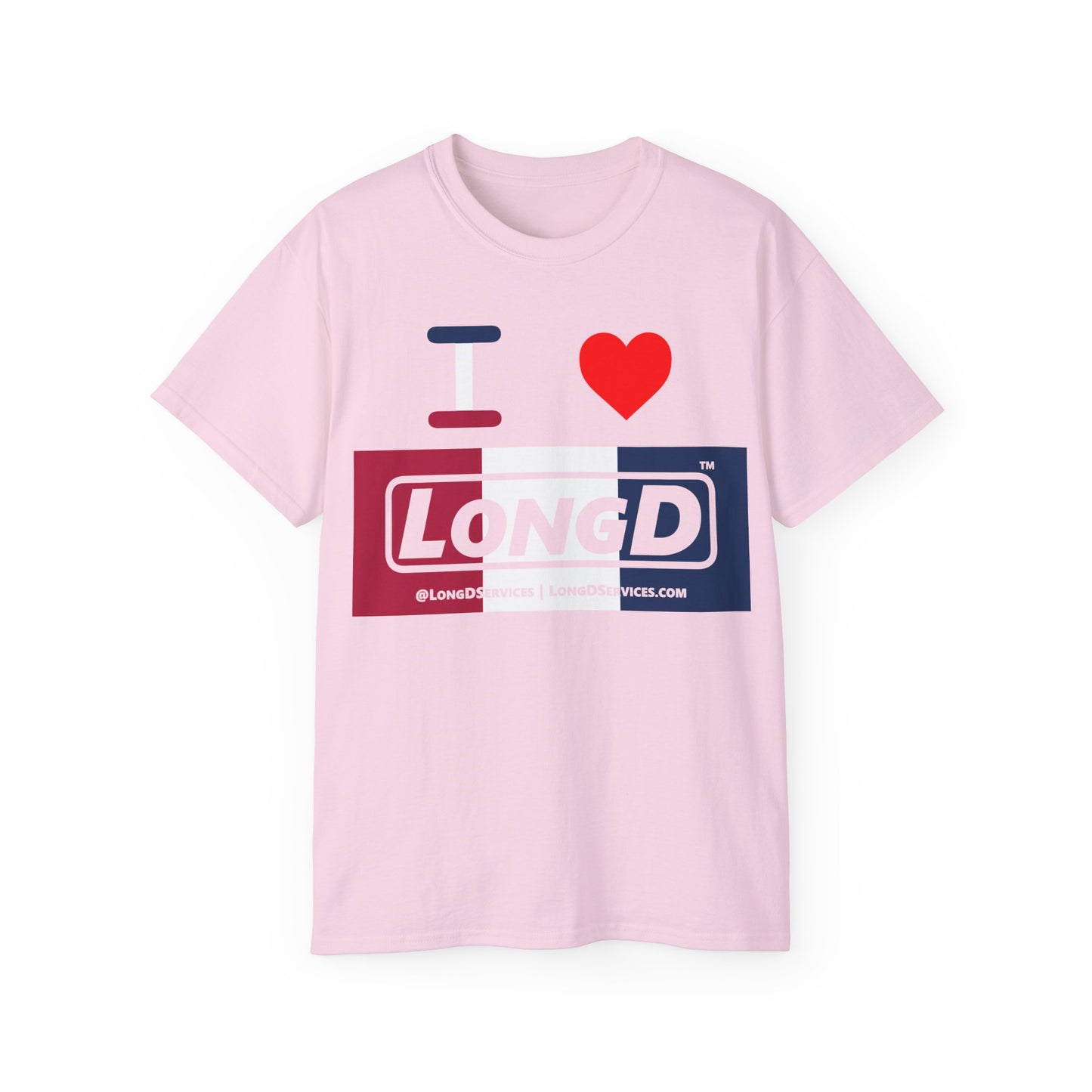I Luv LongD® Logo Cotton Tee Red, White and Blue negative thirds text