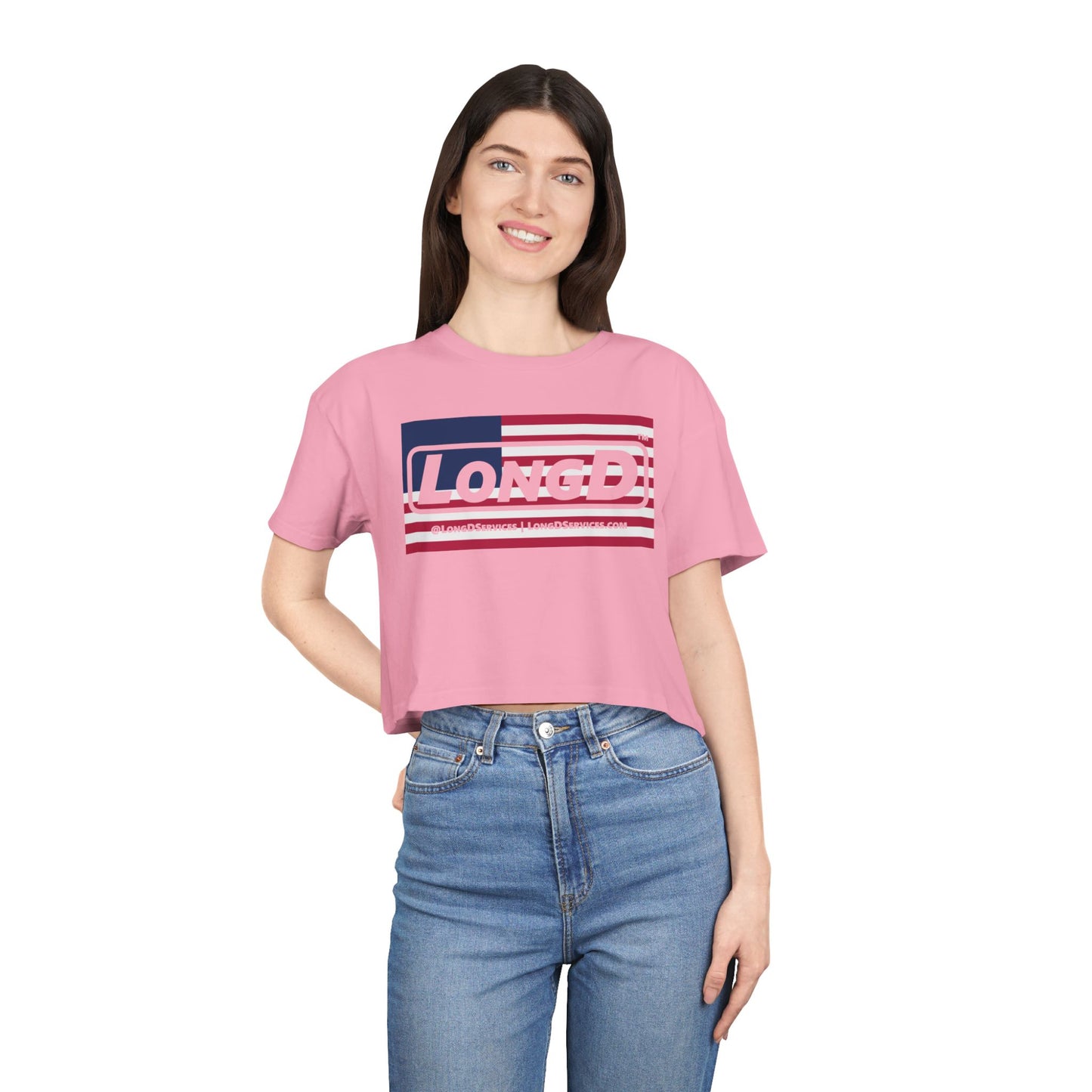 LongD Logo Women's Crop Tee Red, White & Blue negative flag