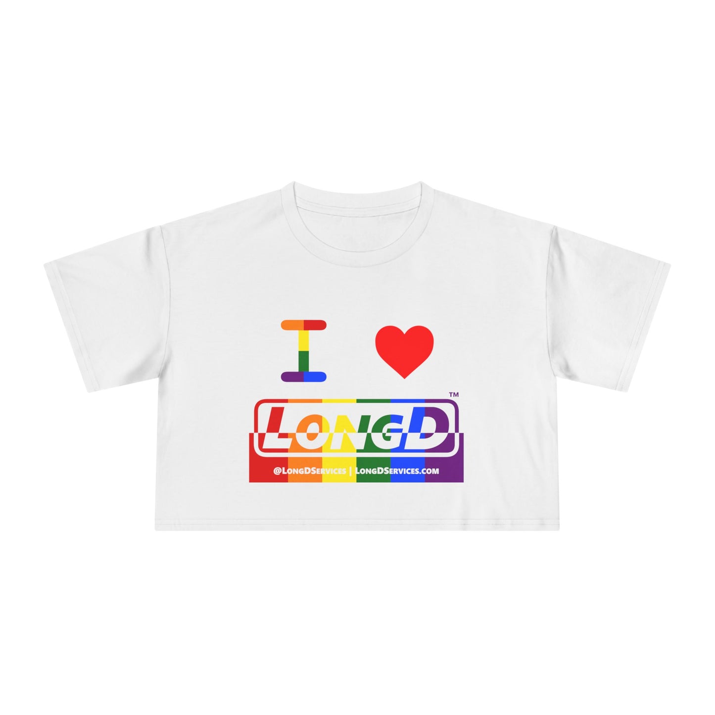 I Luv LongD Logo Women's Crop Tee (Pride color rainbow positive top negative bottom logo)
