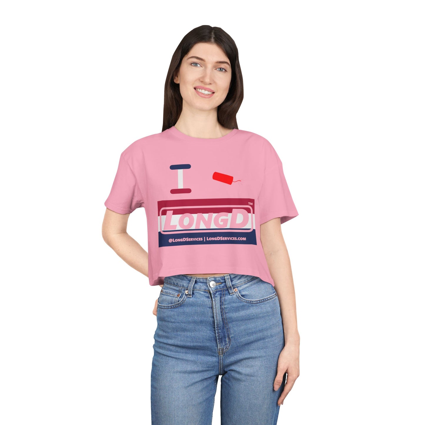 I Firecracker LongD Logo Women's Crop Tee Red, White & Blue negative stripes