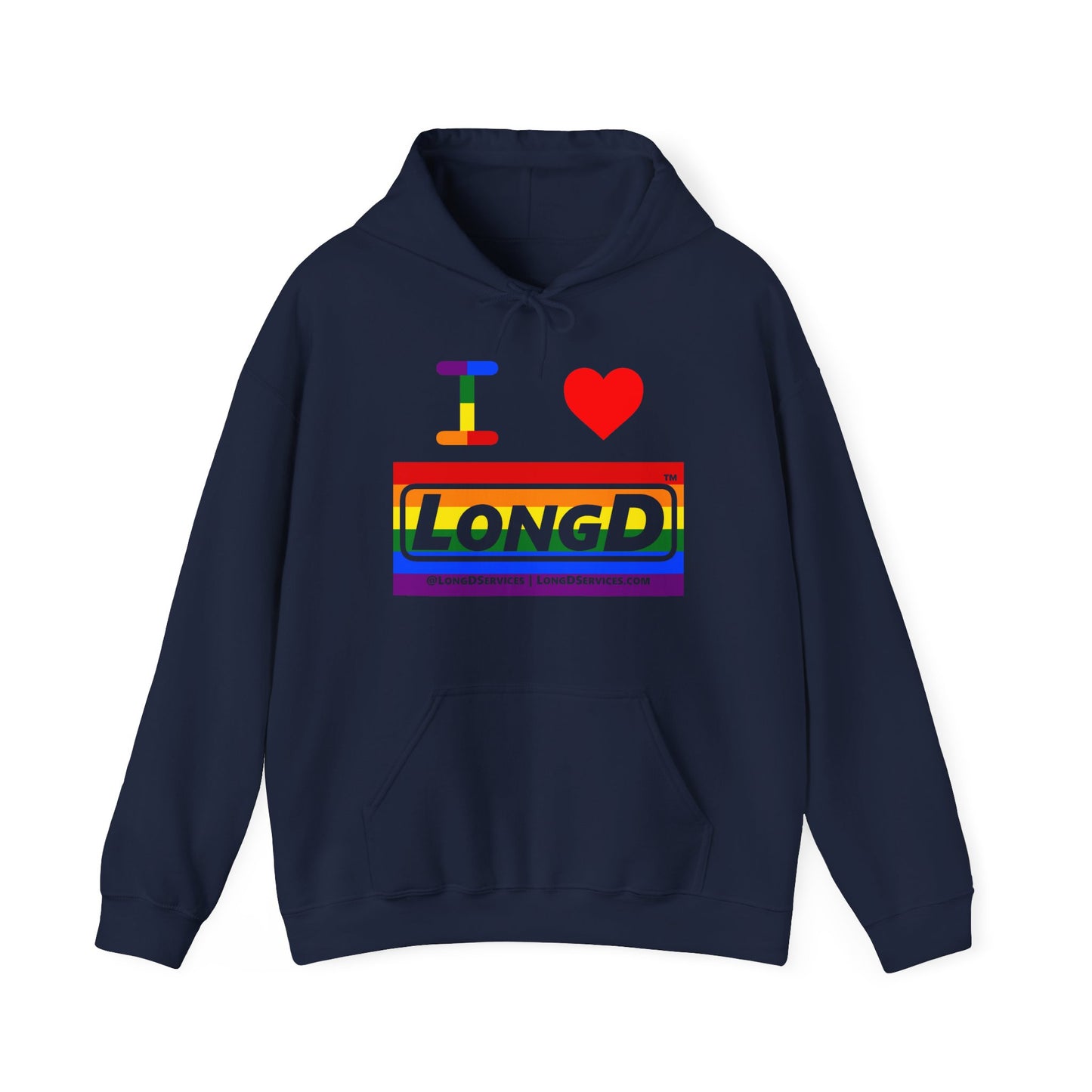 I Luv LongD® Logo Hoodie with Pride rainbow striped negative text