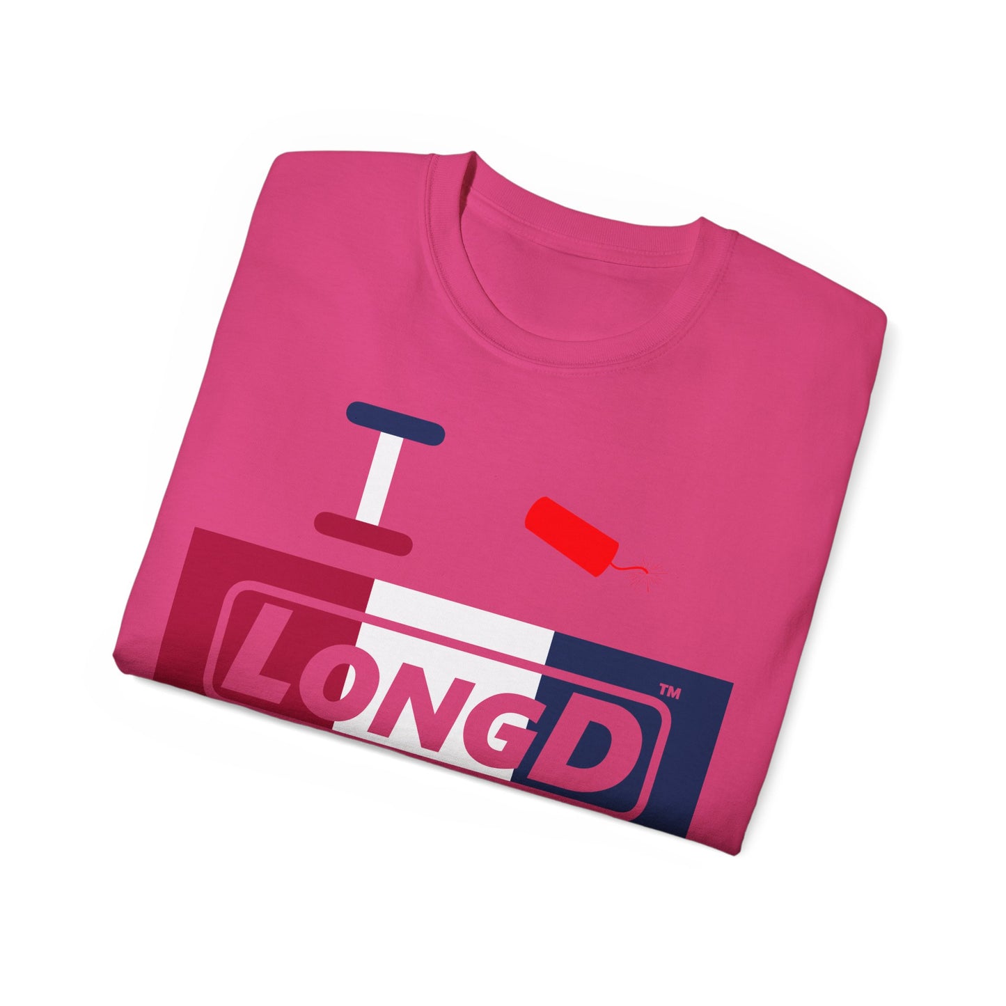 I Firecracker LongD® Logo Cotton Tee Red, White and Blue negative thirds text