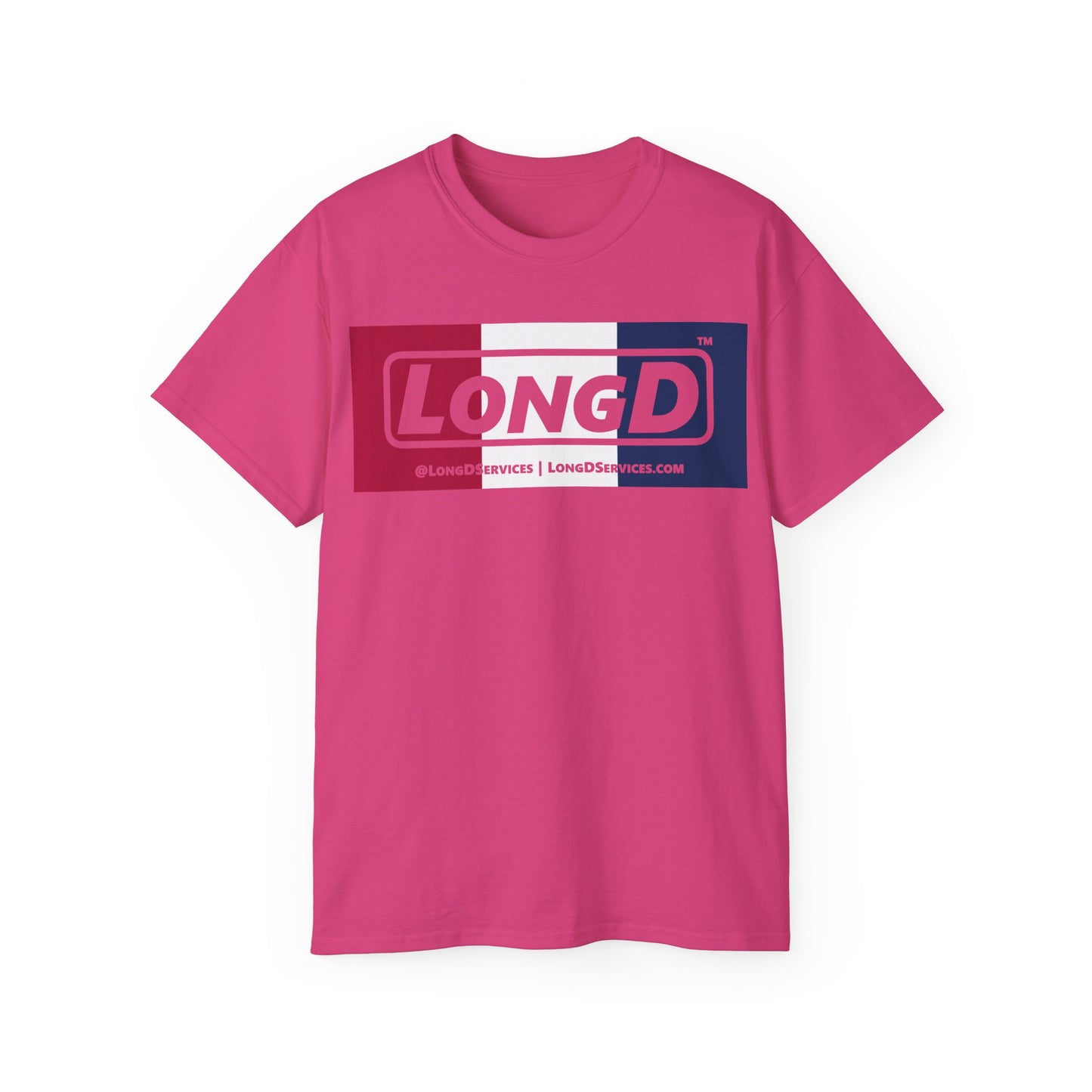 LongD® Logo Cotton Tee Red, White and Blue negative thirds text