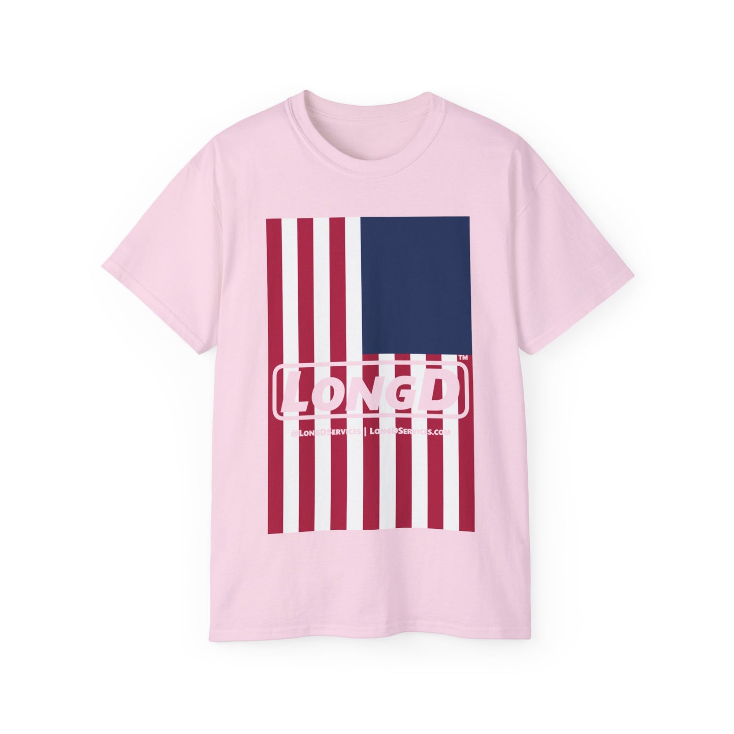 LongD® Logo Cotton Tee Red, White and Blue portrait (cropped proportions) flag negative text