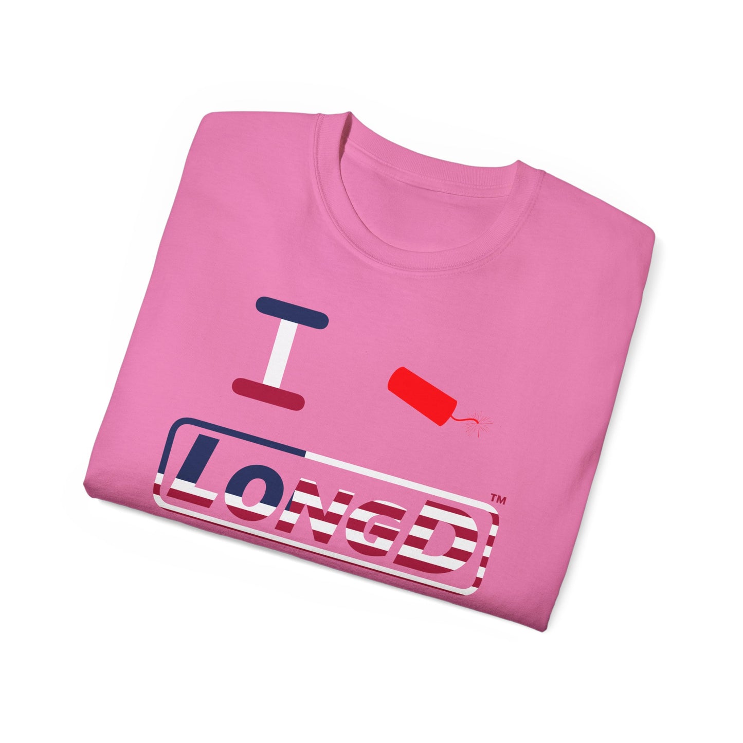 I Firecracker LongD® Logo Cotton Tee Red, White and Blue positive flag