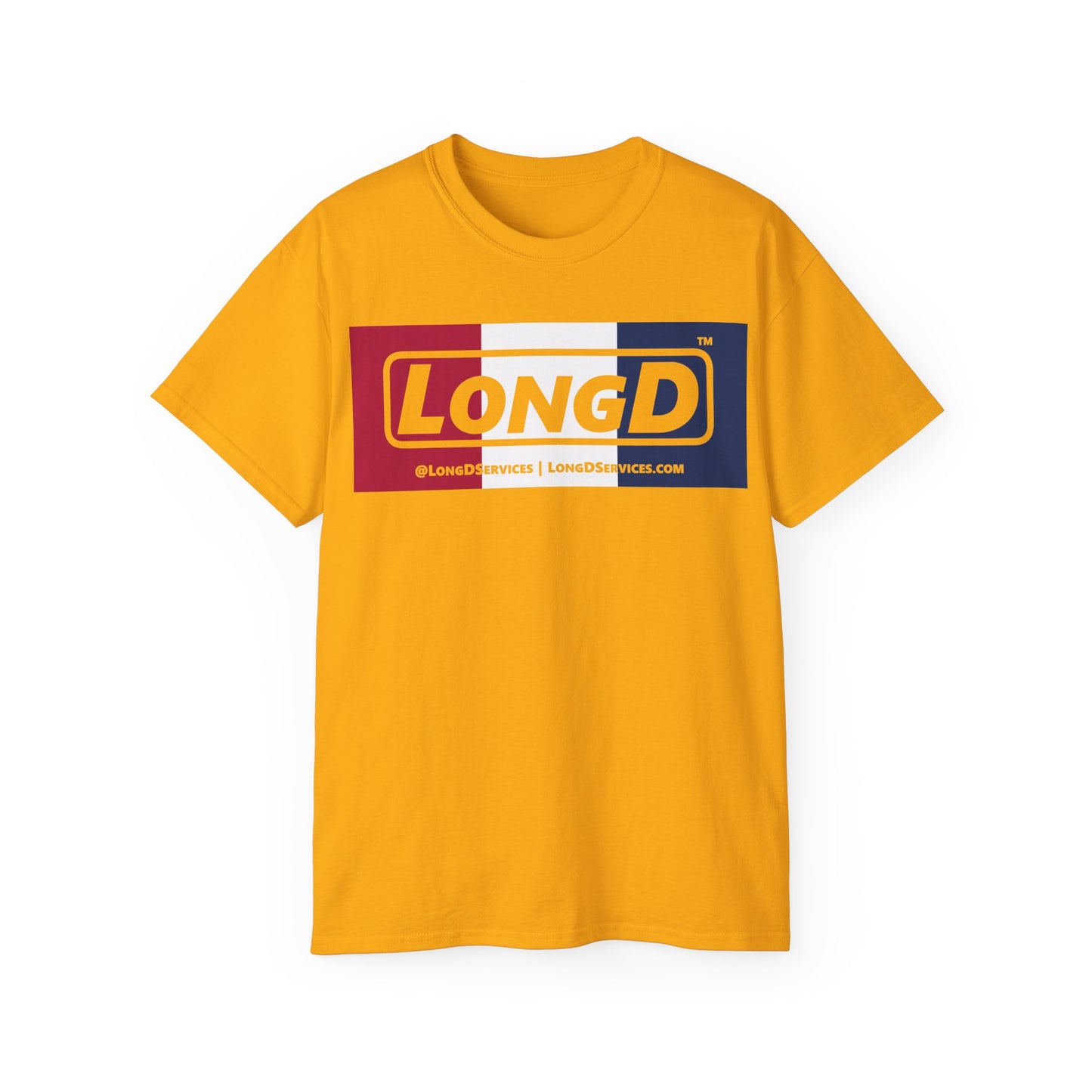 LongD® Logo Cotton Tee Red, White and Blue negative thirds text