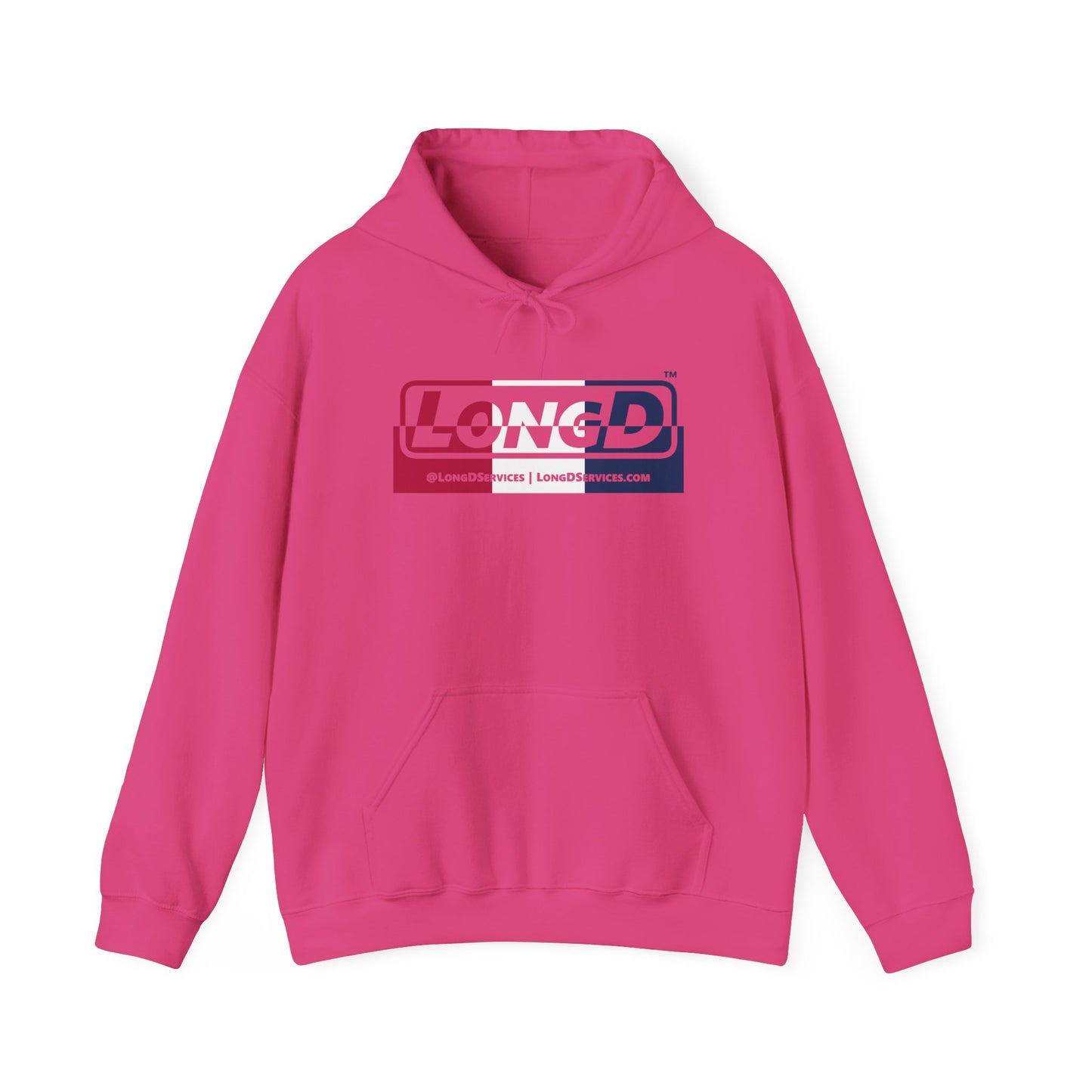 LongD® Logo Hoodie red, white and blue top positive bottom negative thirds