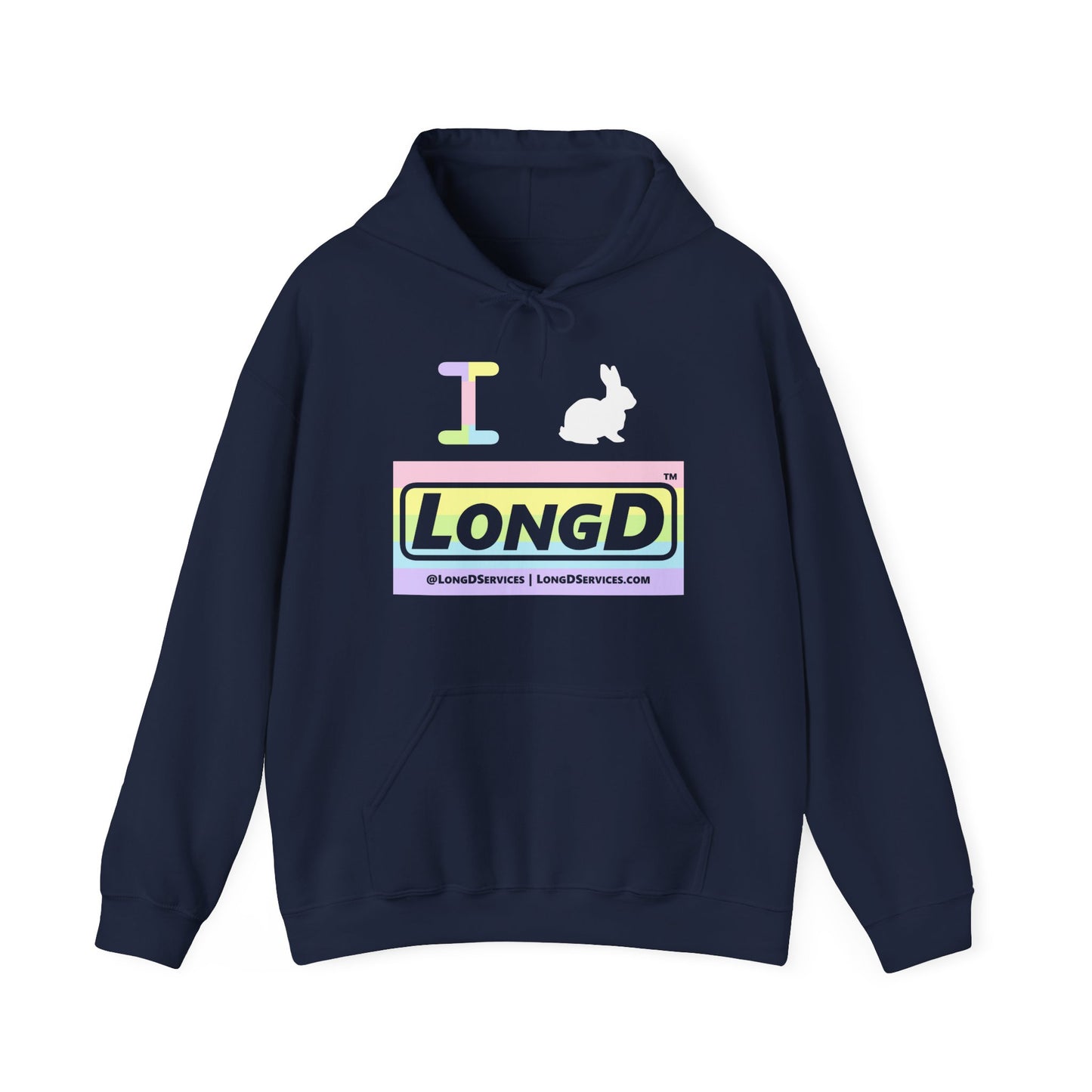 I Bunny LongD® Logo Hoodie Pastel striped negative text (White Easter Bunny)