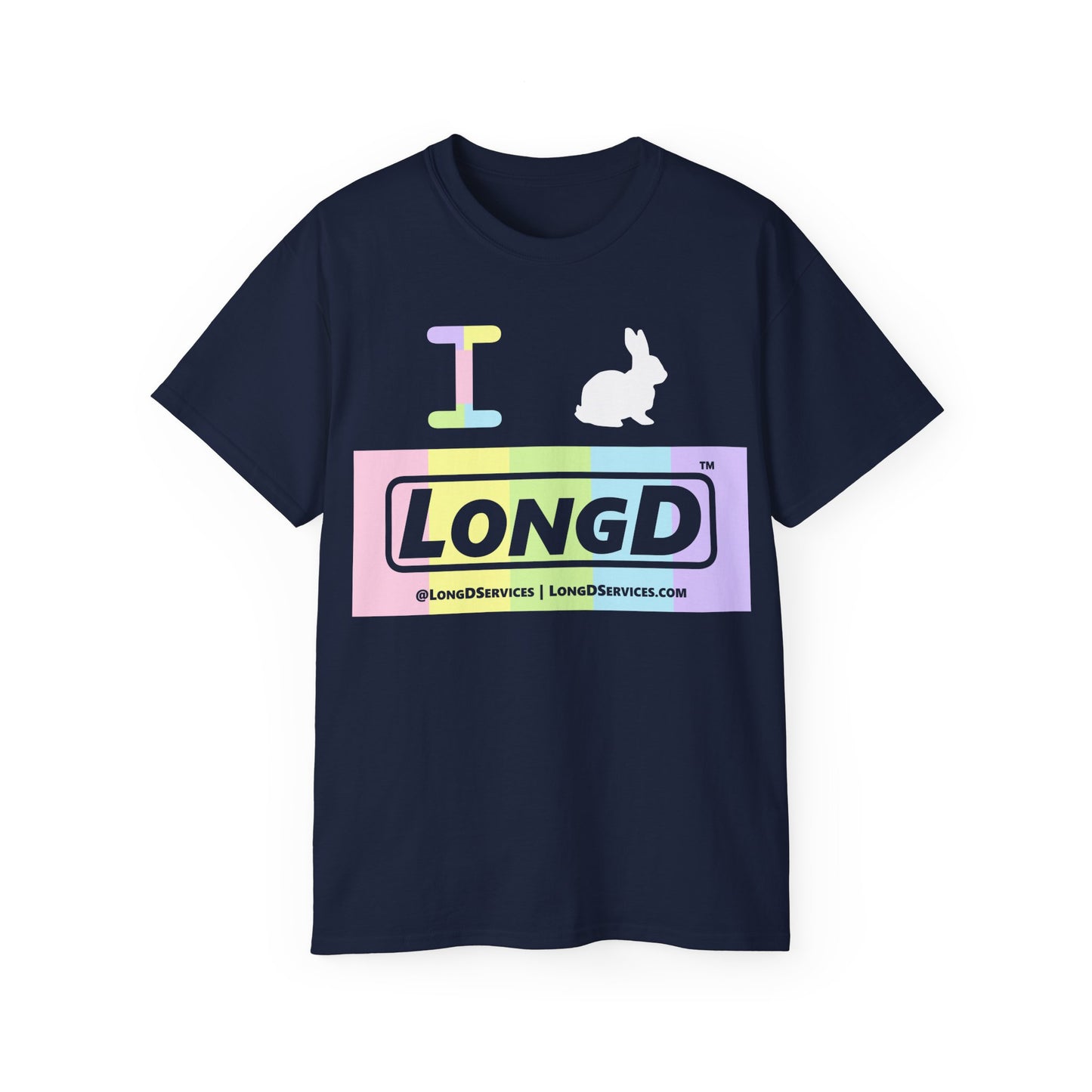 I Bunny LongD® Logo Cotton Tee Easter pastel spectrum negative text (white Easter Bunny)