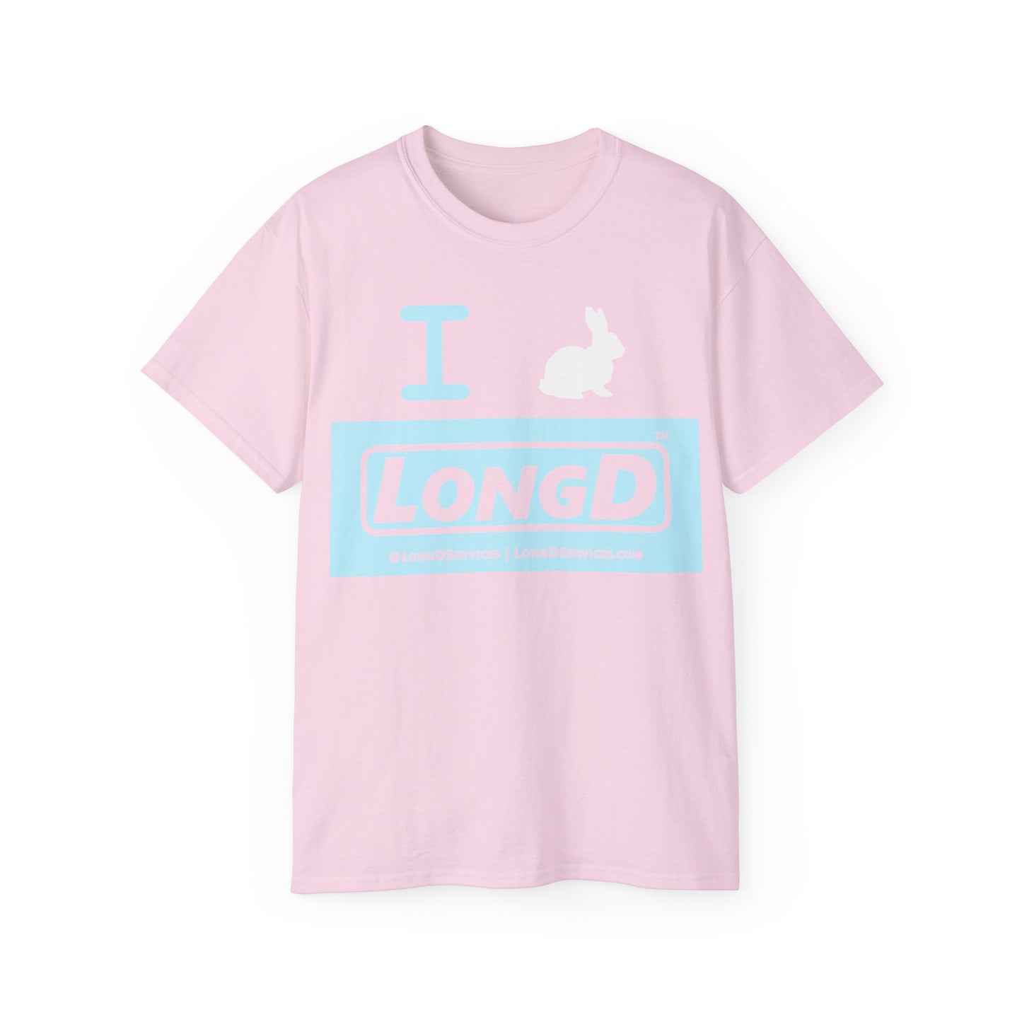 I Bunny LongD® Logo Cotton Tee Easter pastel blue negative text (white Easter Bunny)