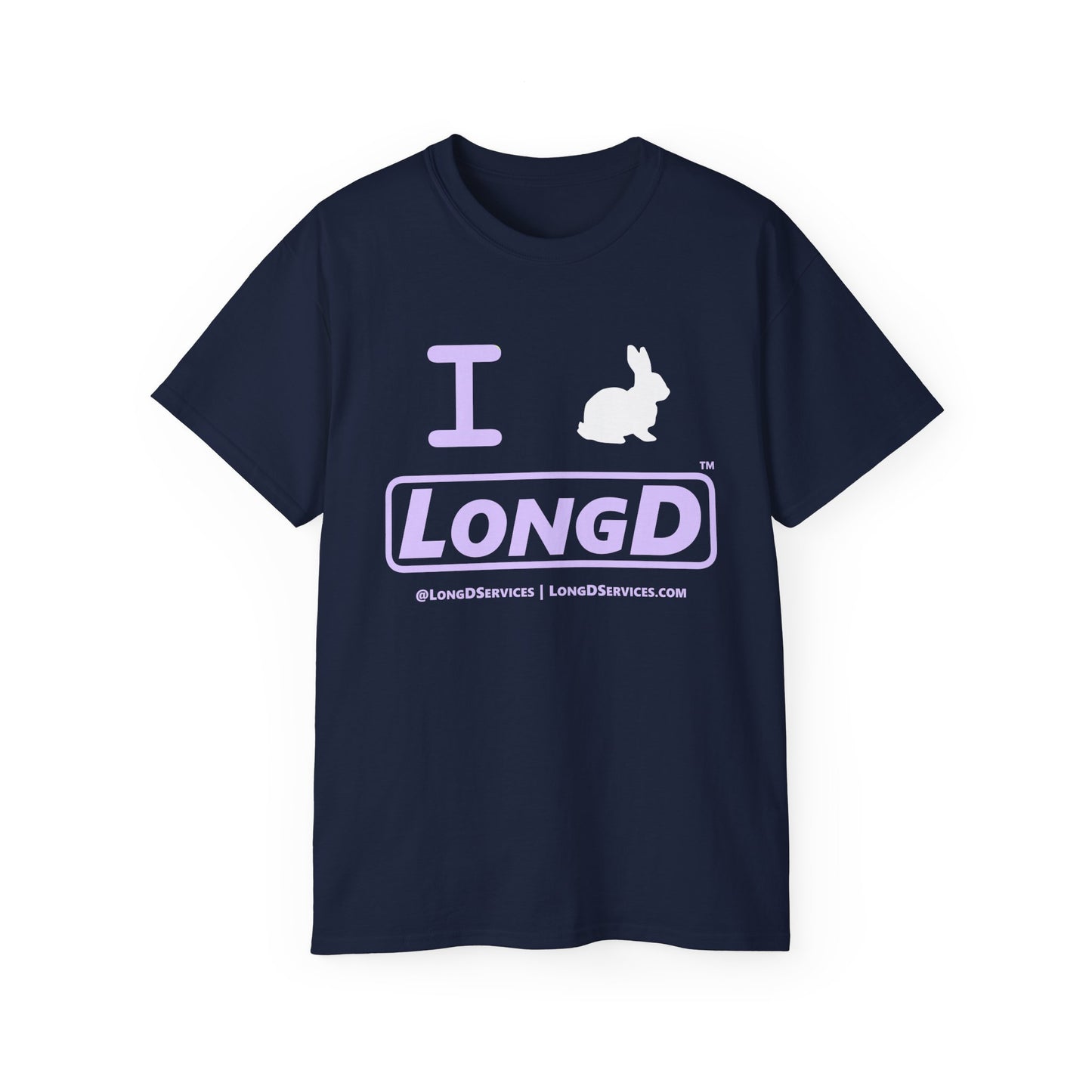 I Bunny LongD® Logo Cotton Tee Easter pastel purple text (white Easter Bunny)