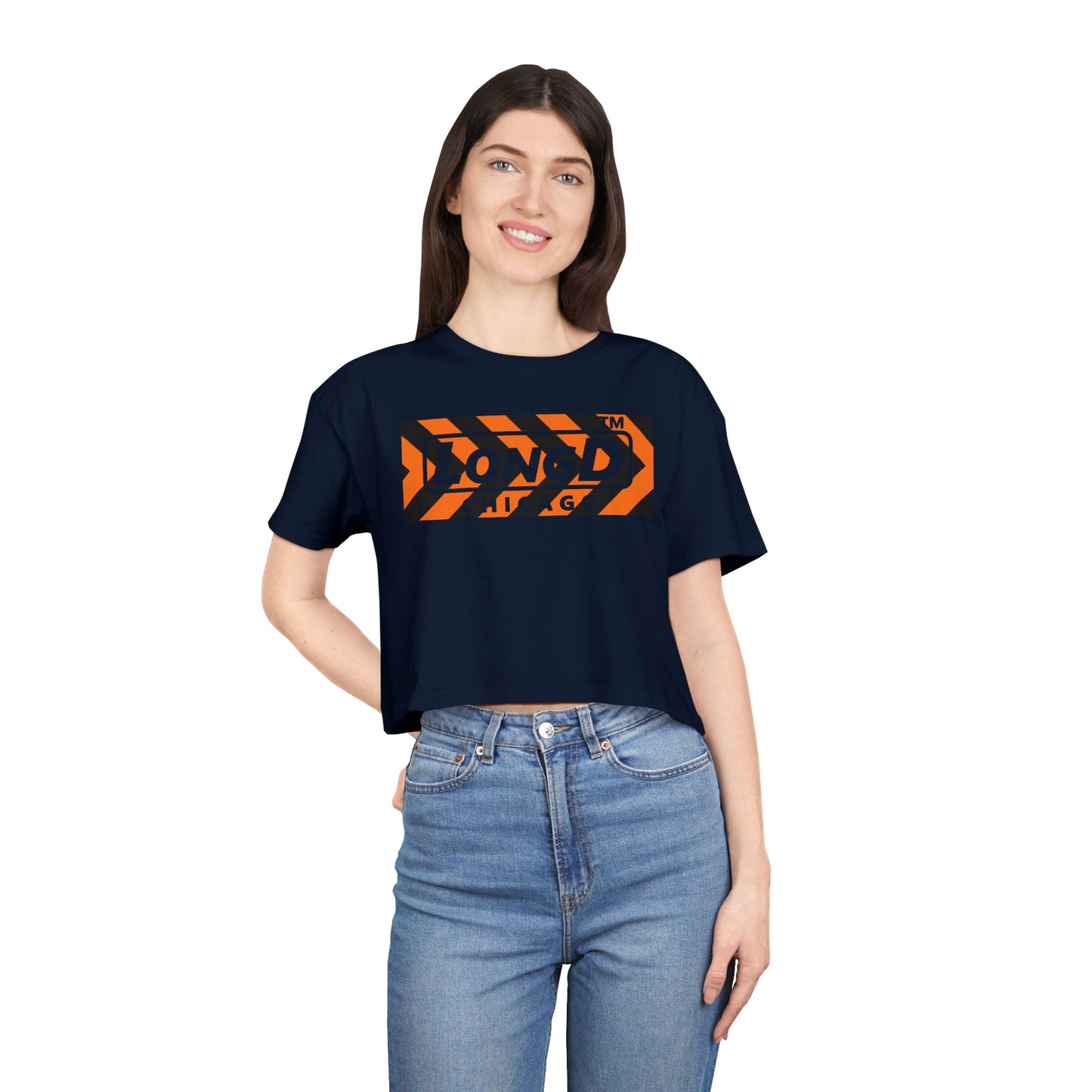 LongD Chicago negative forward chevron logo (Halloween colors) crop tee
