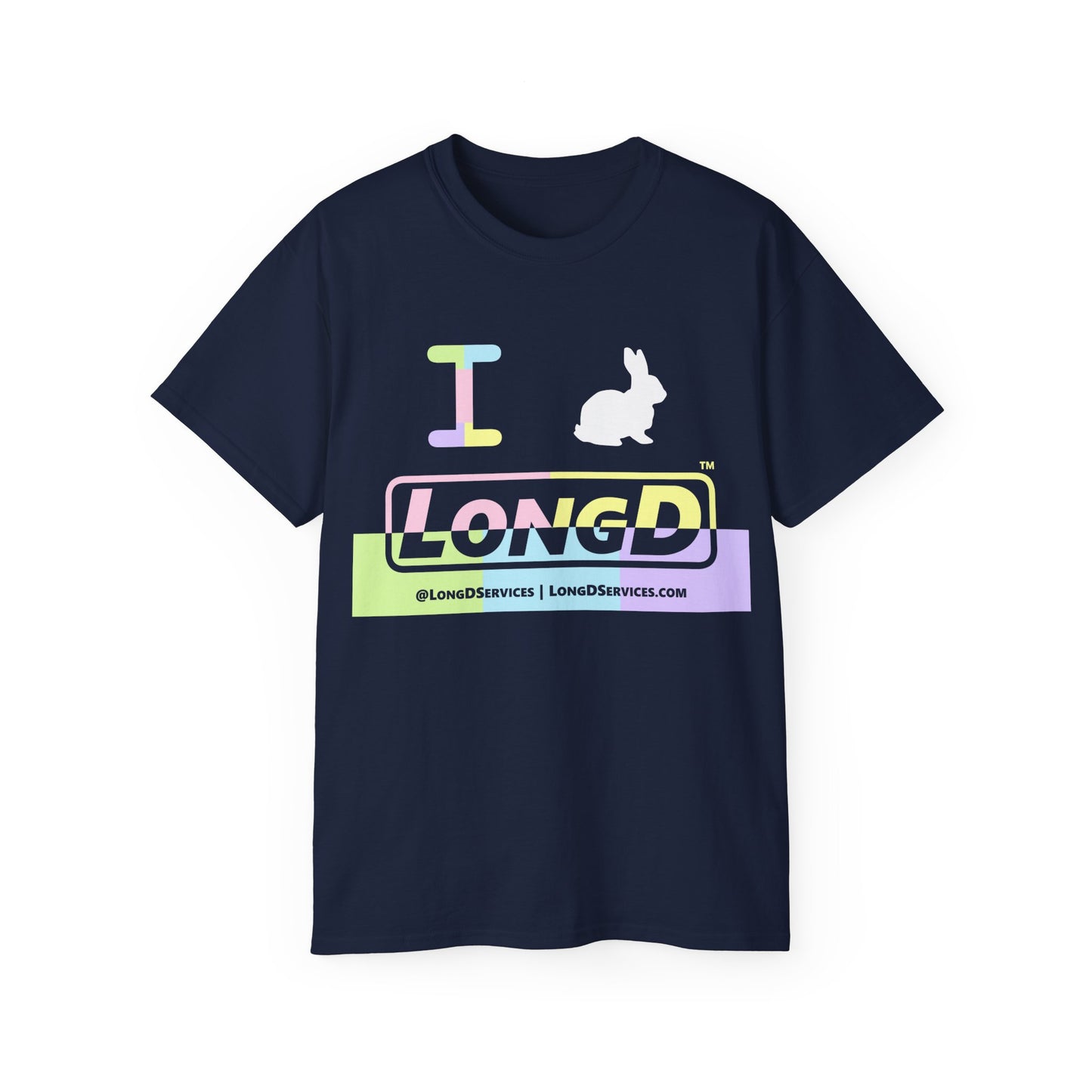 I Bunny LongD® Logo Cotton Tee Easter pastel variety positive top text and negative bottom text (white Easter Bunny)
