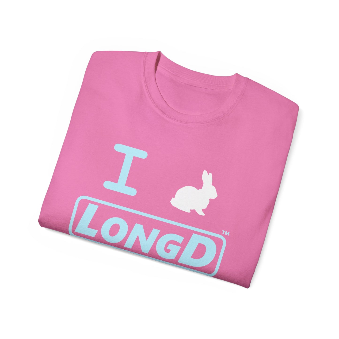 I Bunny LongD® Logo Cotton Tee Easter pastel blue text (white Easter Bunny)