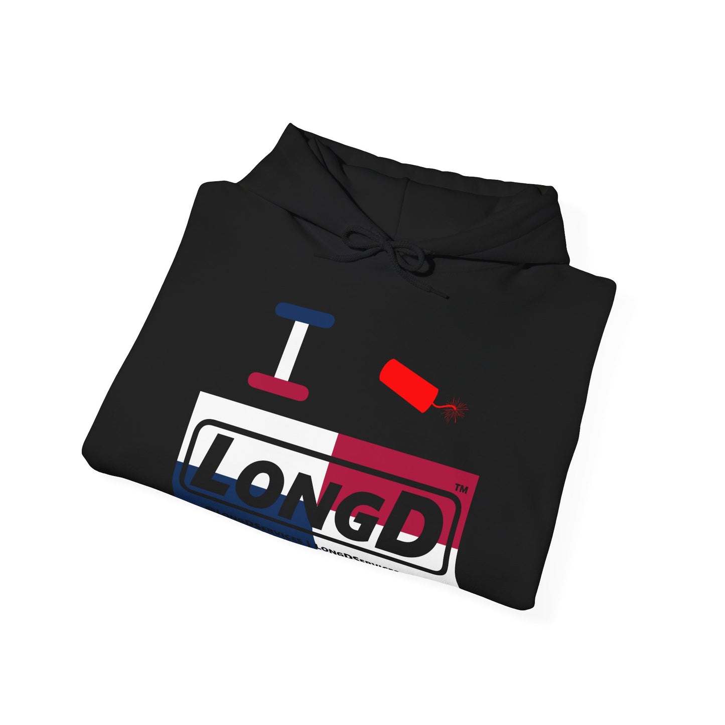 I Firecracker LongD® Logo Hoodie red, white and blue negative quarters
