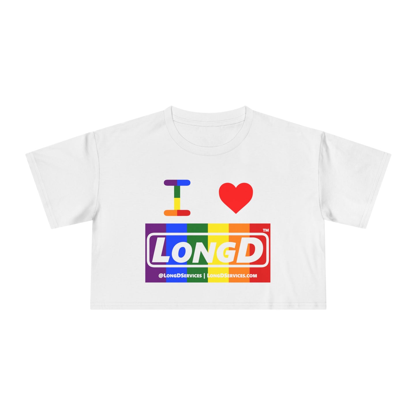 I Luv LongD Logo Women's Crop Tee (Pride color rainbow negative logo)
