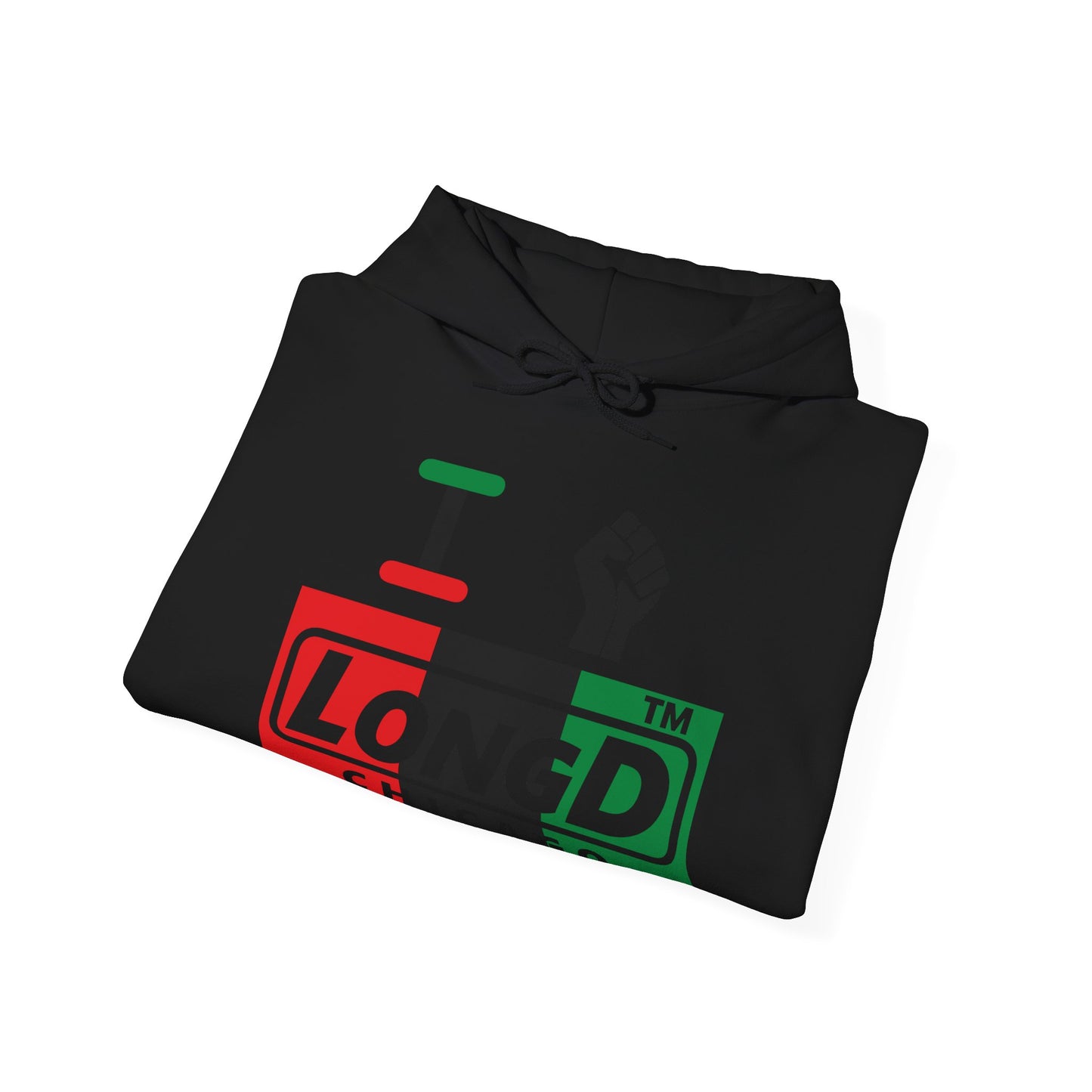 I fist LongD® negative vertical 3-striped Chicago logo Hoodie (Juneteenth colors)