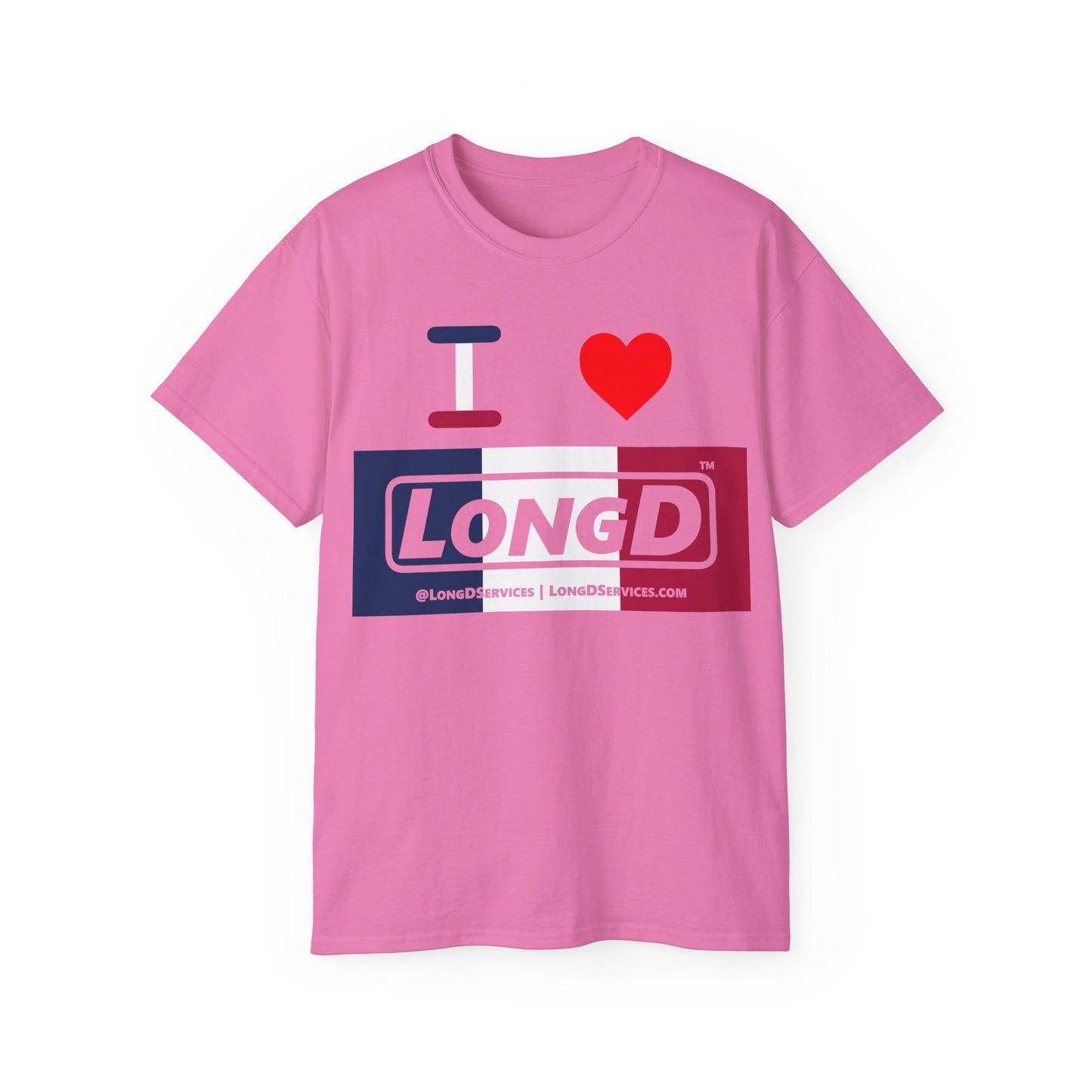 I Luv LongD® Logo Cotton Tee Blue, White and Red negative thirds text