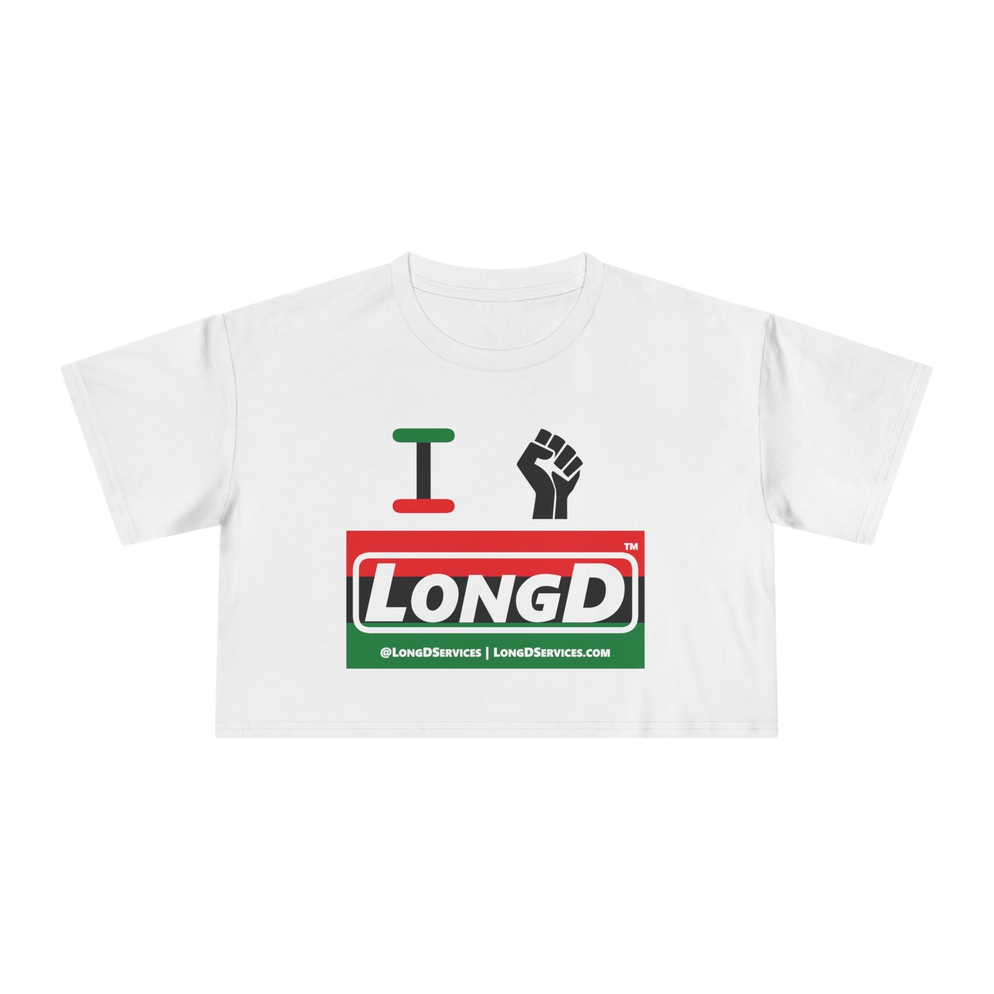 I Fist LongD Logo Women's Crop Tee (Black fist and Juneteenth striped negative thirds logo)
