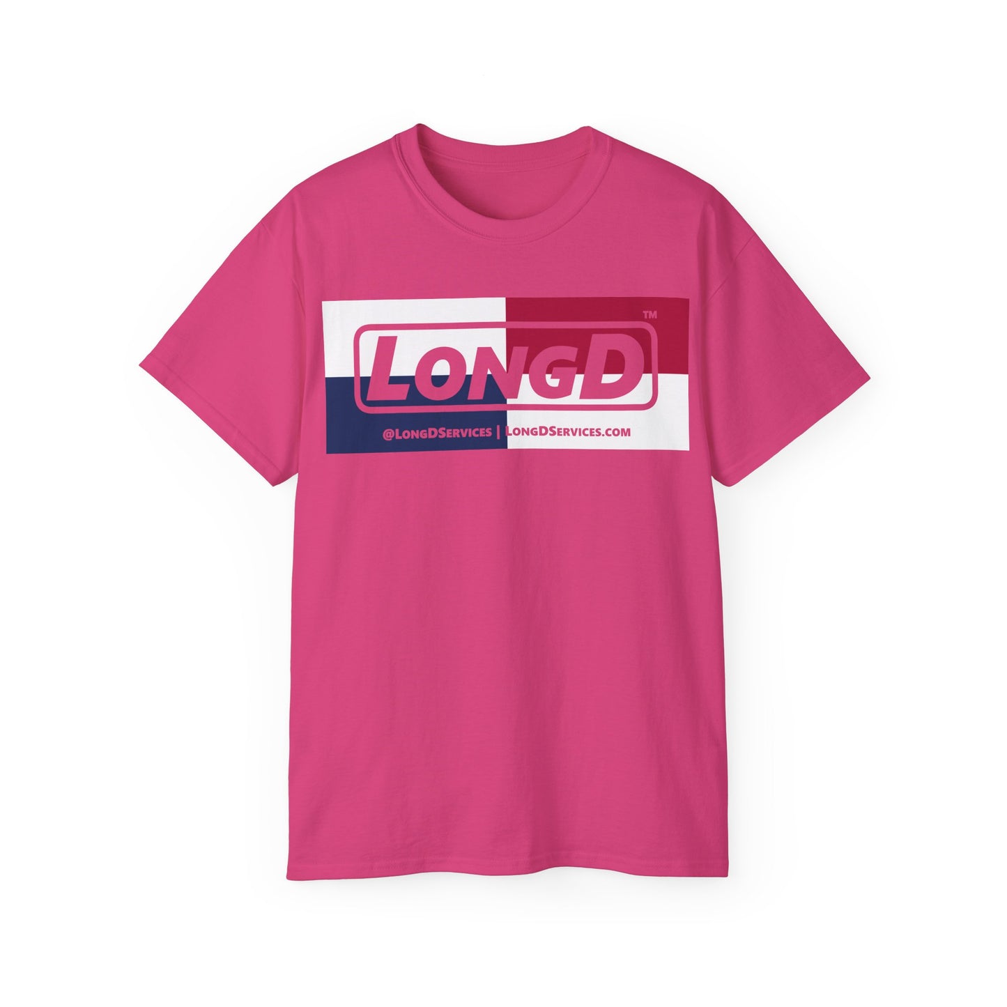 LongD® Logo Cotton Tee Red, White and Blue negative quarters text