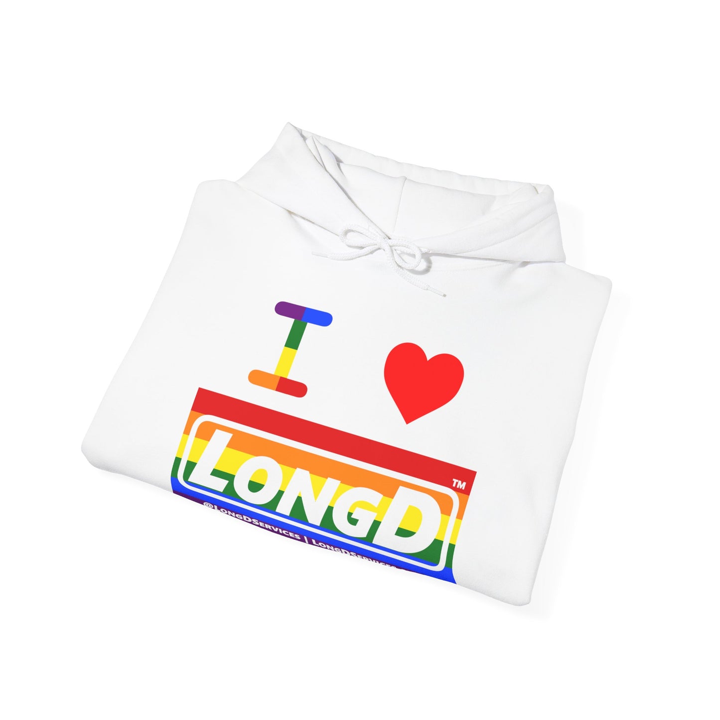 I Luv LongD® Logo Hoodie with Pride rainbow striped negative text