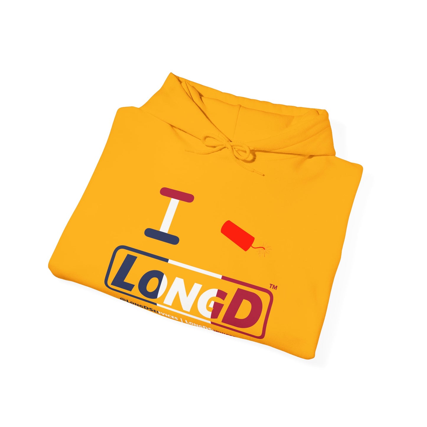 I Firecracker LongD® Logo Hoodie blue, white and red positive thirds